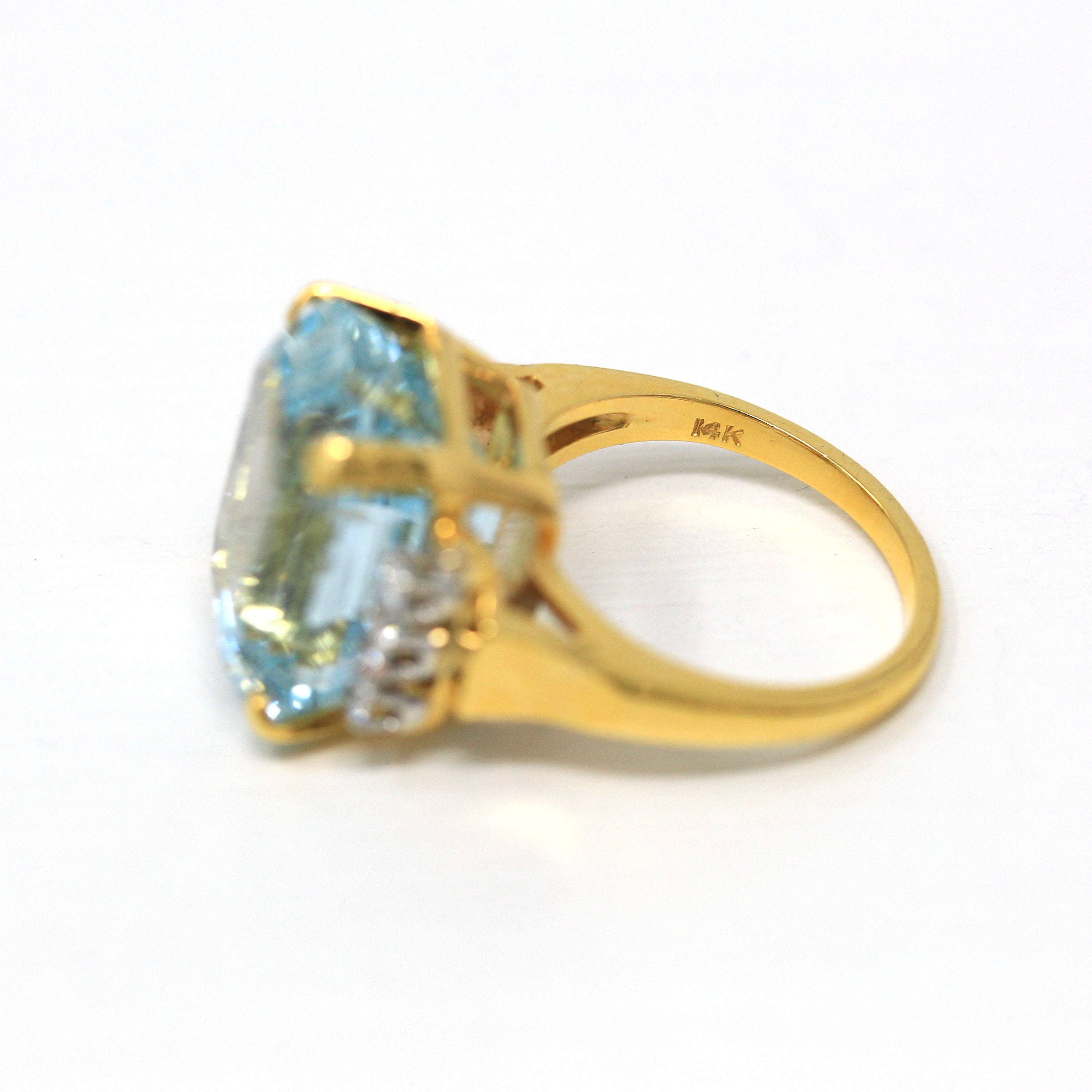Aquamarine & Diamond Ring - Estate 14k Yellow Gold Emerald Cut 16.07 CT Blue Gemstone - Modern Size 6 3/4 Diamond Fine Cocktail Jewelry