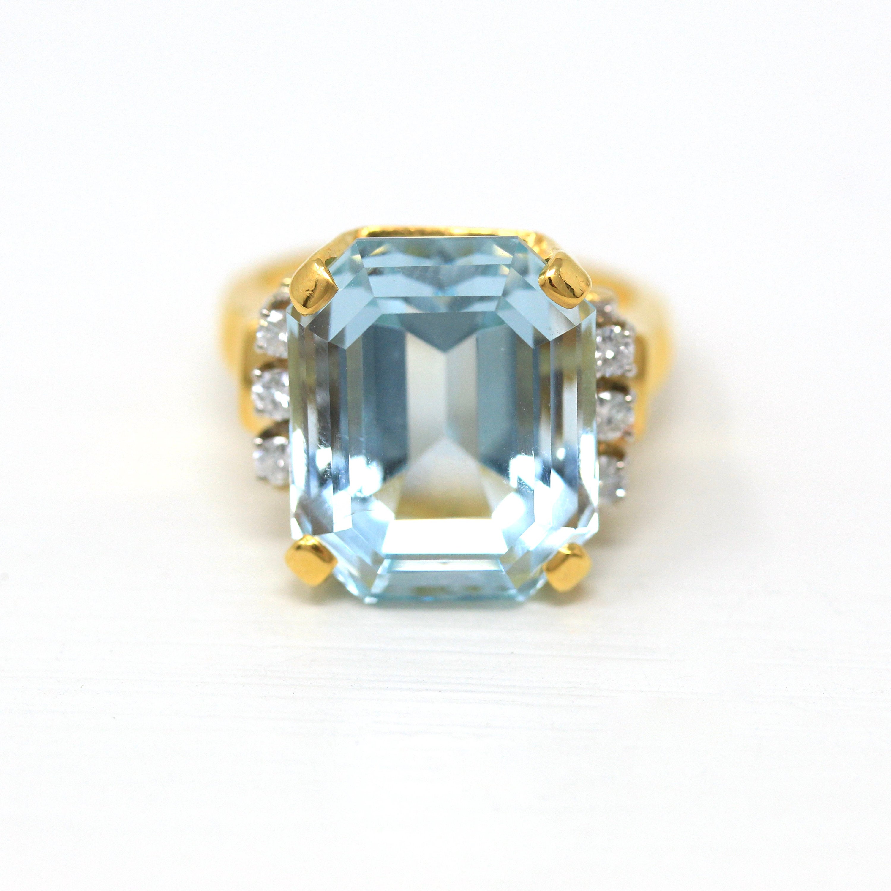 Aquamarine & Diamond Ring - Estate 14k Yellow Gold Emerald Cut 16.07 CT Blue Gemstone - Modern Size 6 3/4 Diamond Fine Cocktail Jewelry