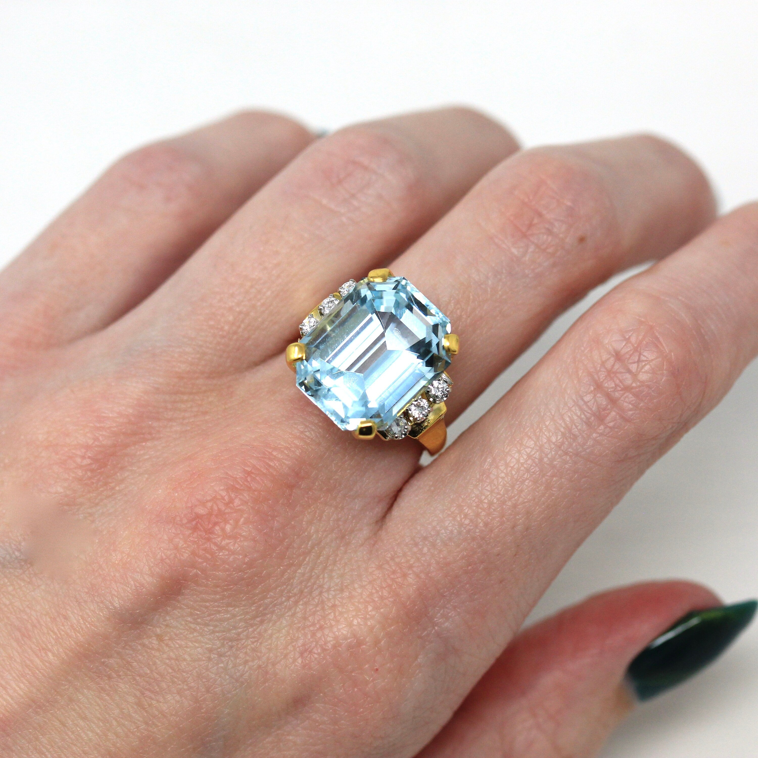 Aquamarine & Diamond Ring - Estate 14k Yellow Gold Emerald Cut 16.07 CT Blue Gemstone - Modern Size 6 3/4 Diamond Fine Cocktail Jewelry