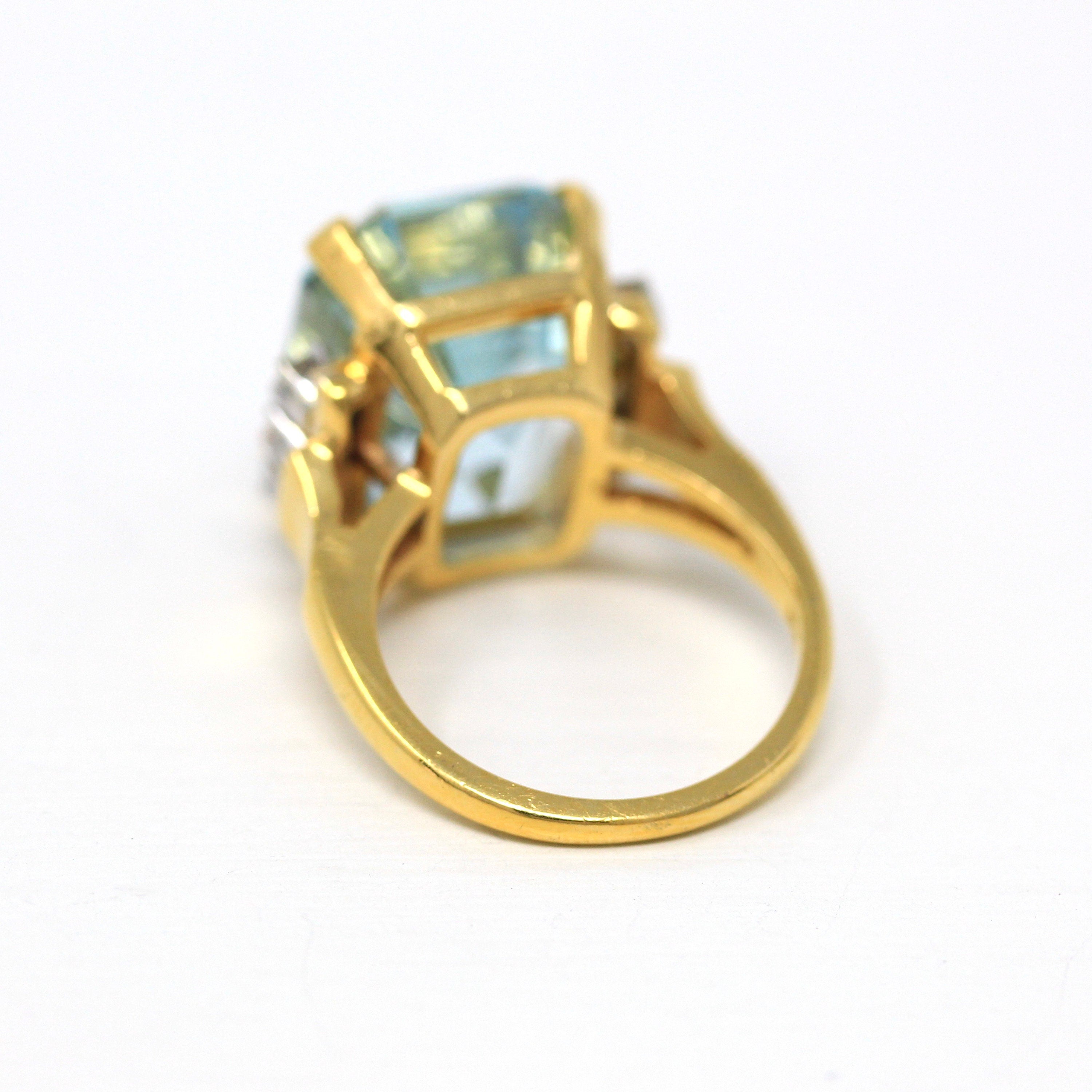 Aquamarine & Diamond Ring - Estate 14k Yellow Gold Emerald Cut 16.07 CT Blue Gemstone - Modern Size 6 3/4 Diamond Fine Cocktail Jewelry