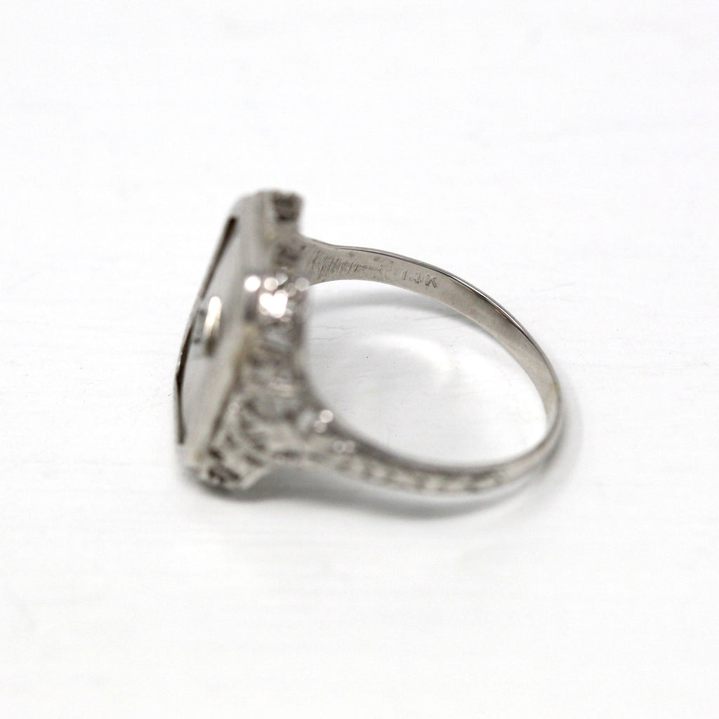 Art Deco Ring - Vintage 14k White Gold Rock Crystal Quartz Diamond Statement - Vintage 1930s Size 6 1/2 Camphor Glass Style 30s Fine Jewelry
