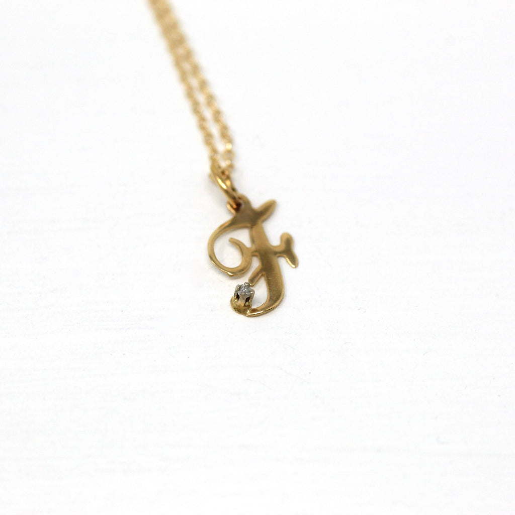 Letter "F" Charm - Estate 14k Yellow Gold Diamond Initial Pendant Necklace - Vintage Circa 1990s Era Personalized New Old Stock Fine Jewelry