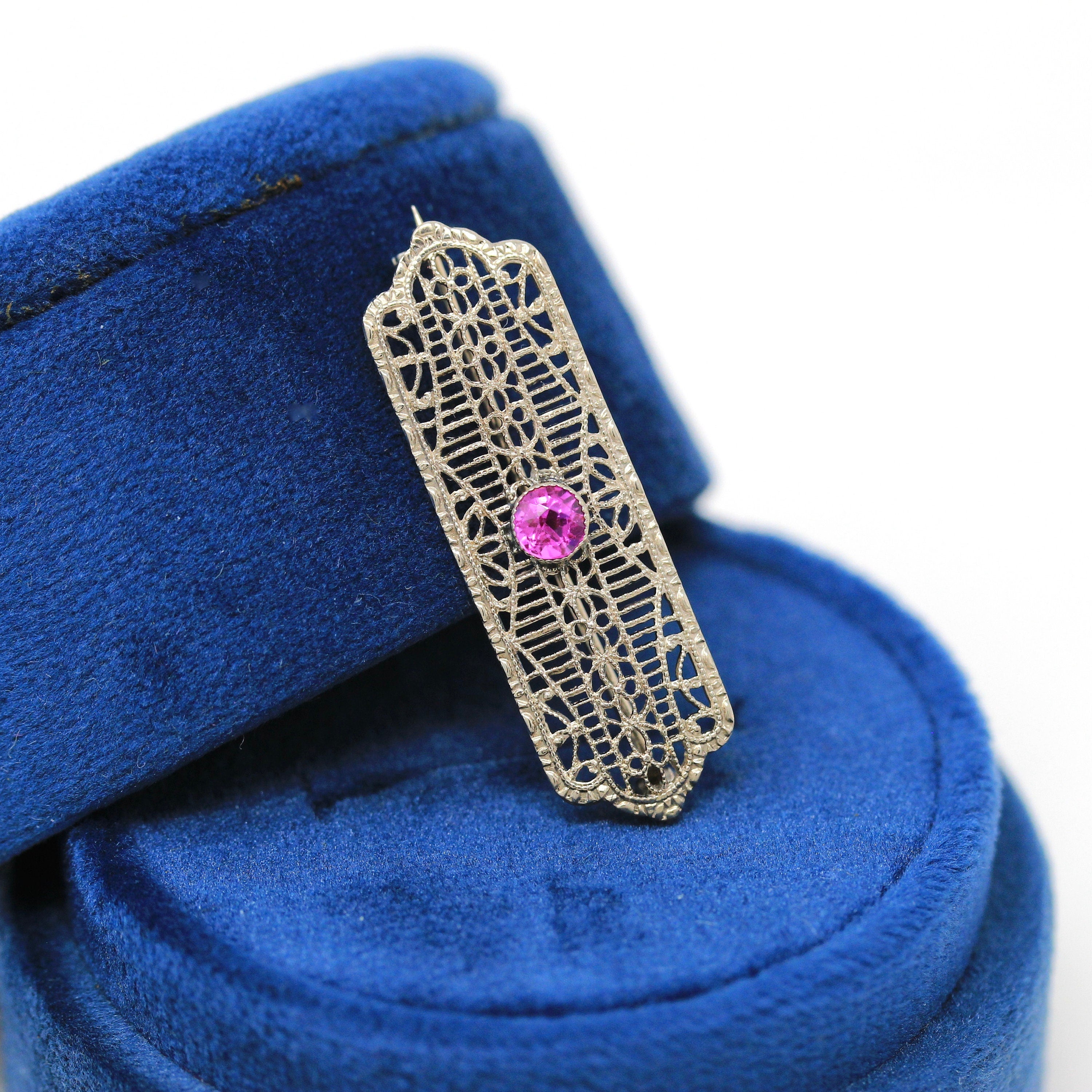 Art Deco Brooch - Vintage 10k White Gold Created Pink Sapphire .33 CT Stone Pin - Circa 1930s Era Filigree Fashion Accessory Fine Jewelry