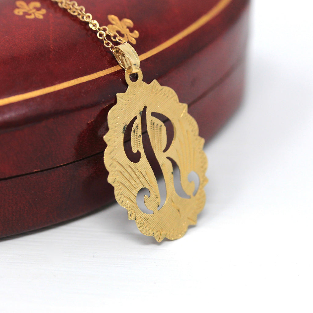 Sale - Letter "R" Pendant - Estate 14k Yellow Gold Single Initial Charm Necklace - Vintage Circa 1990s Era Textured Cut Personalized Jewelry