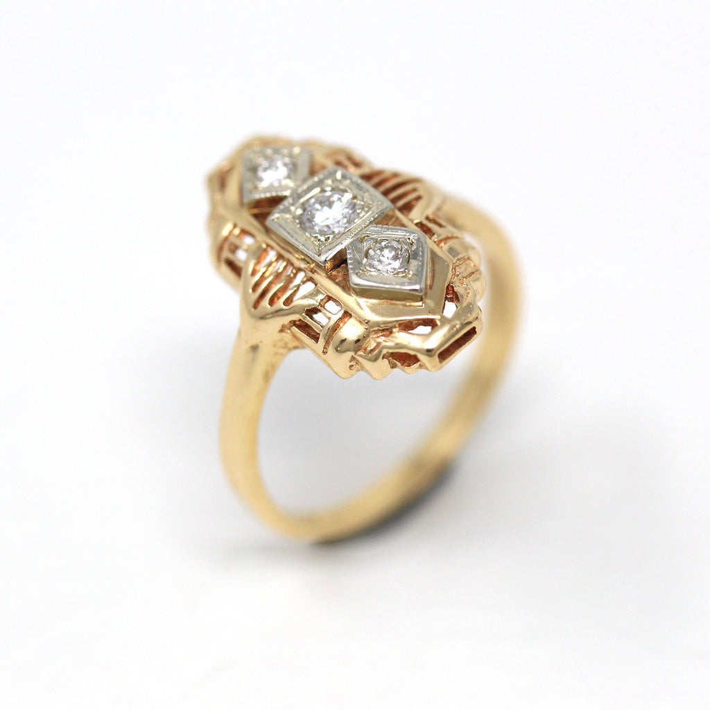 Vintage Shield Ring - Retro Era 14k Yellow & White Gold .09 CTW Genuine Diamond Gem - Vintage Circa 1940s Size 6.5 Statement Fine Jewelry