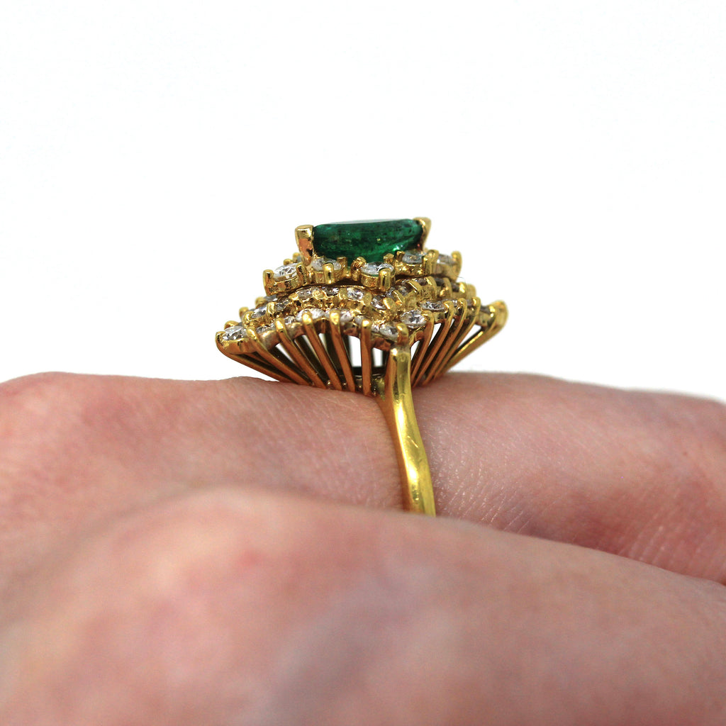 Gemstone Cocktail Ring - Vintage 22k Yellow Gold Genuine .75 CT Emerald & Diamond Gems - Circa 1980s Statement Halo Fine Jewelry W/ Report