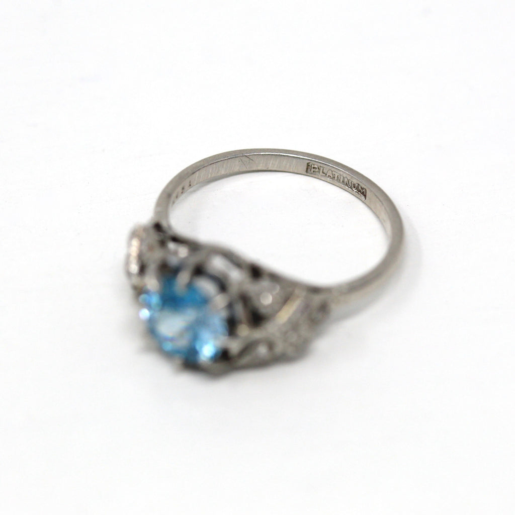 Blue Zircon + Diamond Ring - Vintage 1920s Platinum Genuine Blue 1.59 CT Gemstone - Size 6 1/2 Art Deco Alternative Engagement Fine Jewelry