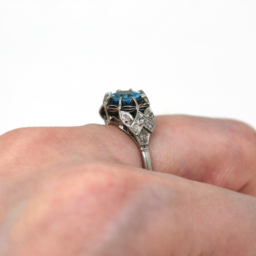 Blue Zircon + Diamond Ring - Vintage 1920s Platinum Genuine Blue 1.59 CT Gemstone - Size 6 1/2 Art Deco Alternative Engagement Fine Jewelry