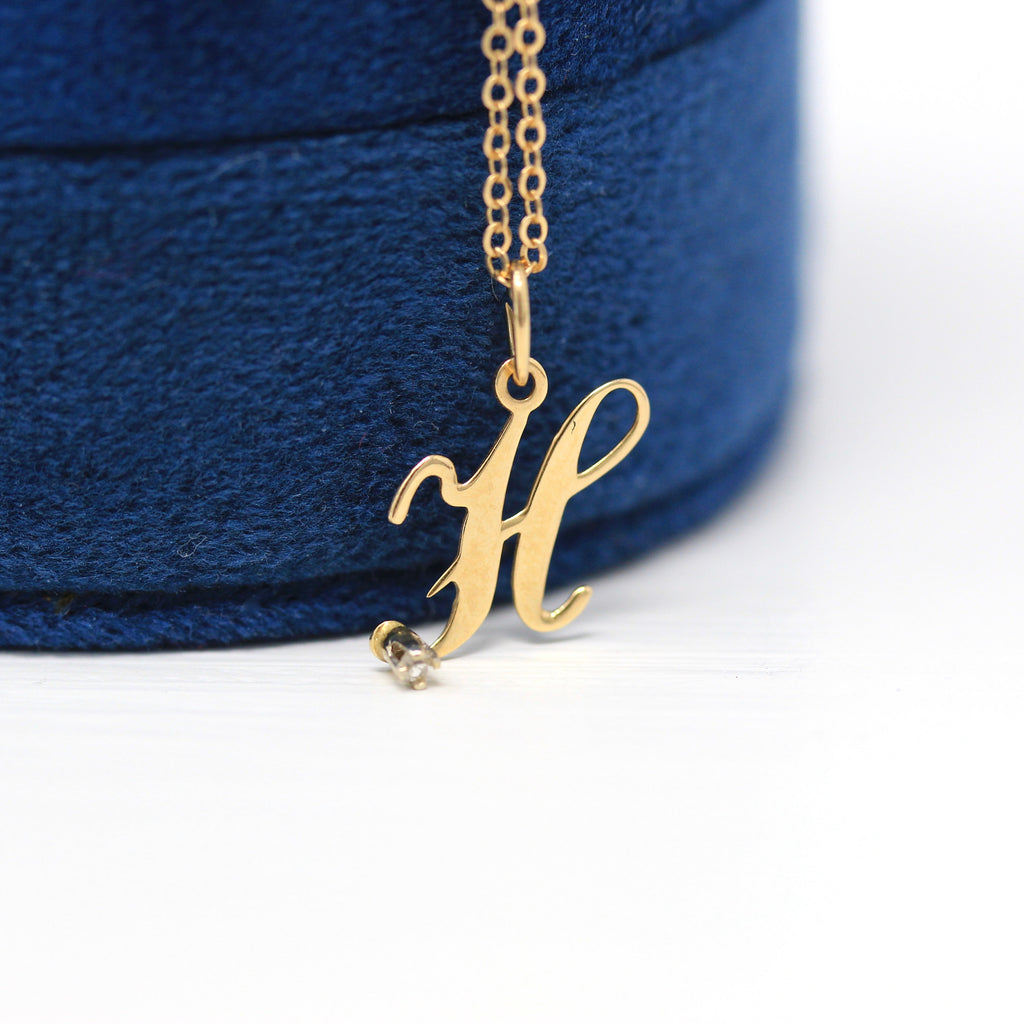 Letter "H" Charm - Estate 14k Yellow Gold Diamond Initial Pendant Necklace - Vintage Circa 1990s Era Personalized New Old Stock Fine Jewelry