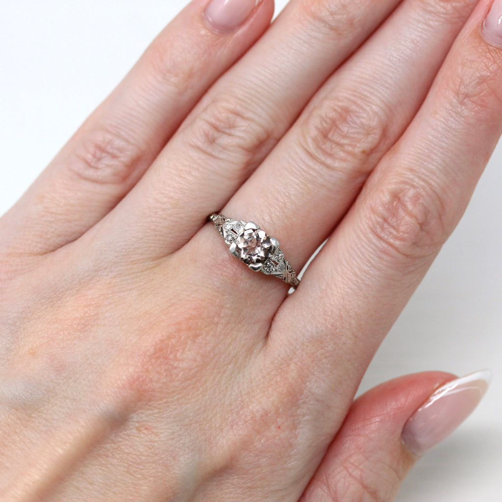 Antique Engagement Ring - Art Deco Era Platinum Genuine .75 CT Morganite Gemstone - Vintage Circa 1920s Size 8 Diamond Accent Fine Jewelry