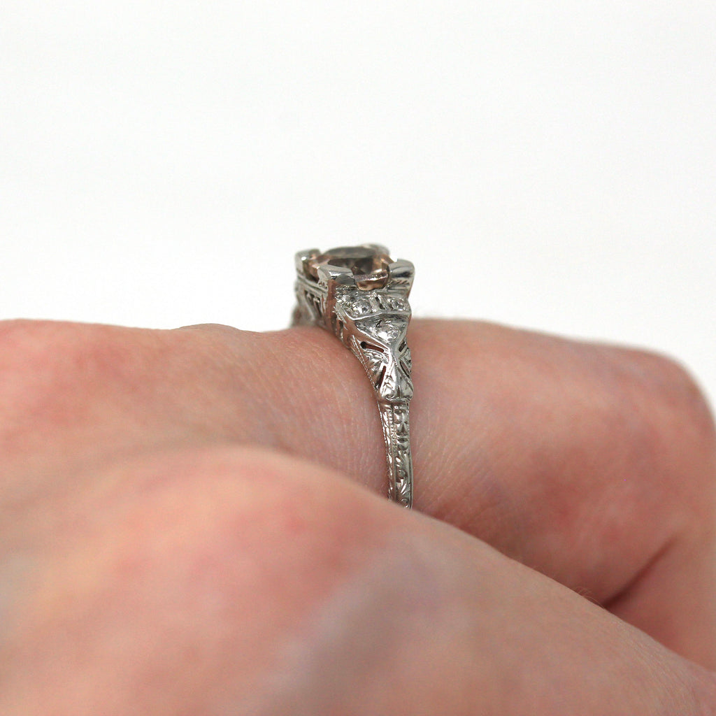Antique Engagement Ring - Art Deco Era Platinum Genuine .75 CT Morganite Gemstone - Vintage Circa 1920s Size 8 Diamond Accent Fine Jewelry