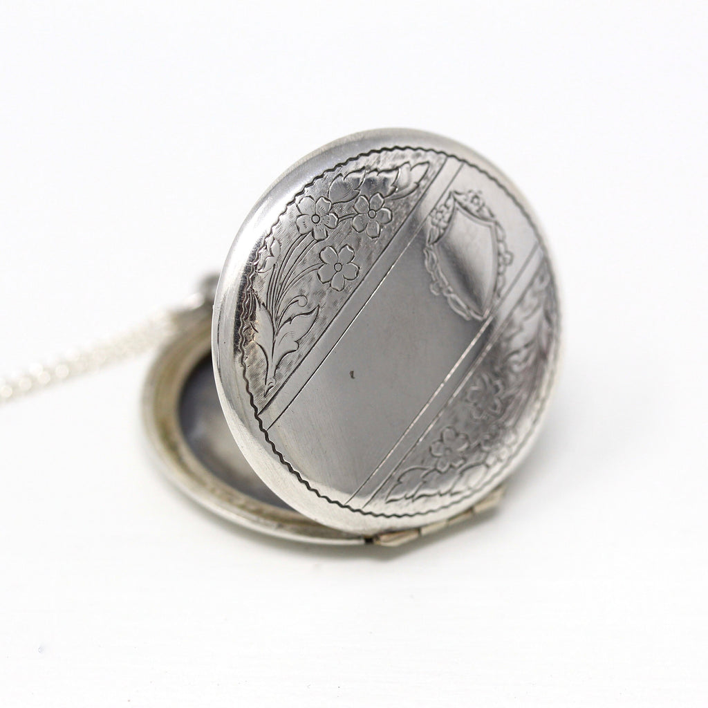 Sterling Silver Locket - Art Deco Engraved Flowers Large Round Hinged Photo Pendant Necklace - Circa 1930s Era Statement 30s Jewelry