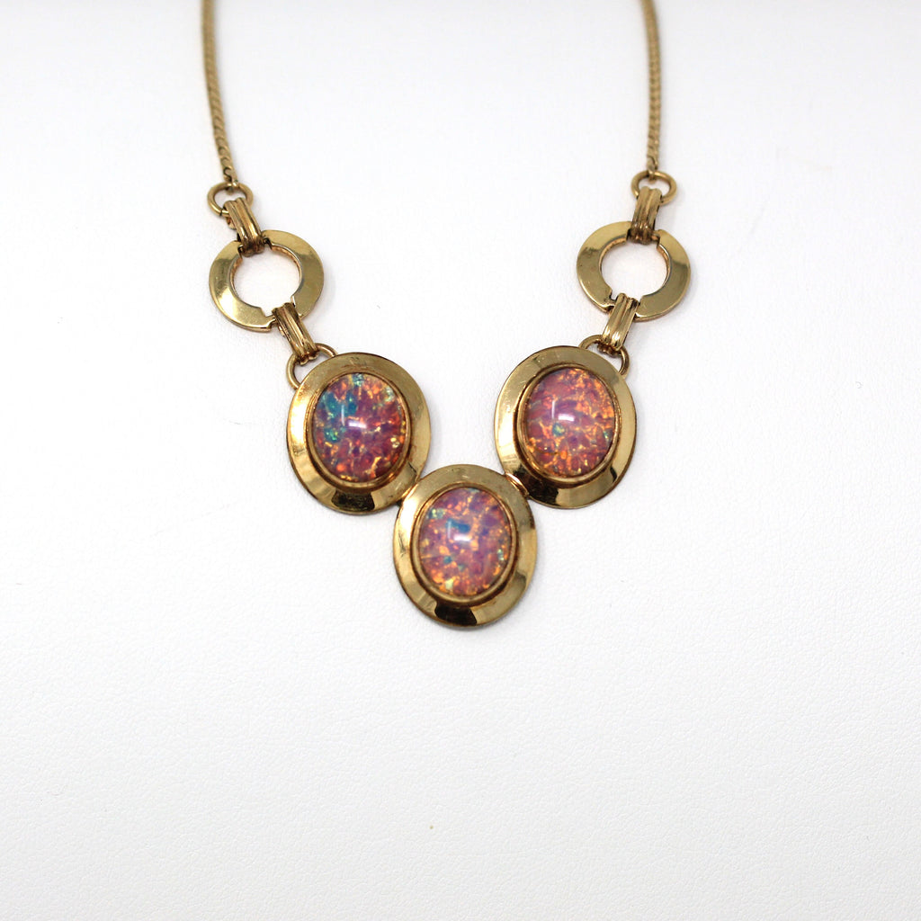 Vintage Jewelry Set - Retro 14k Gold Filled Simulated Opal Pink Rainbow Glass - Circa 1960s Era Dangle Drop Earrings Necklace 60s Jewelry