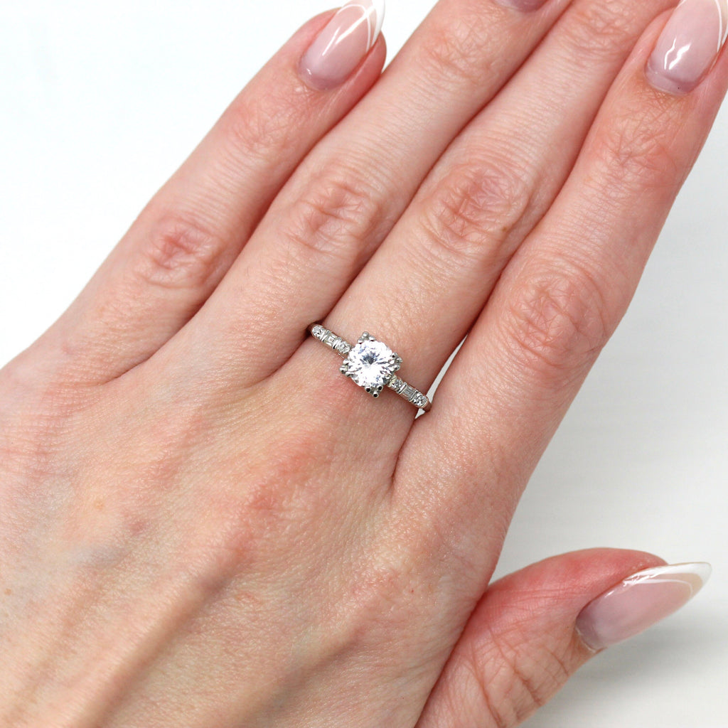 Natural White Sapphire Ring - Vintage Platinum 1.13 ct White Sapphire Engagement - Vintage 1950s Size 7 Diamond Accent Fine Bridal Jewelry