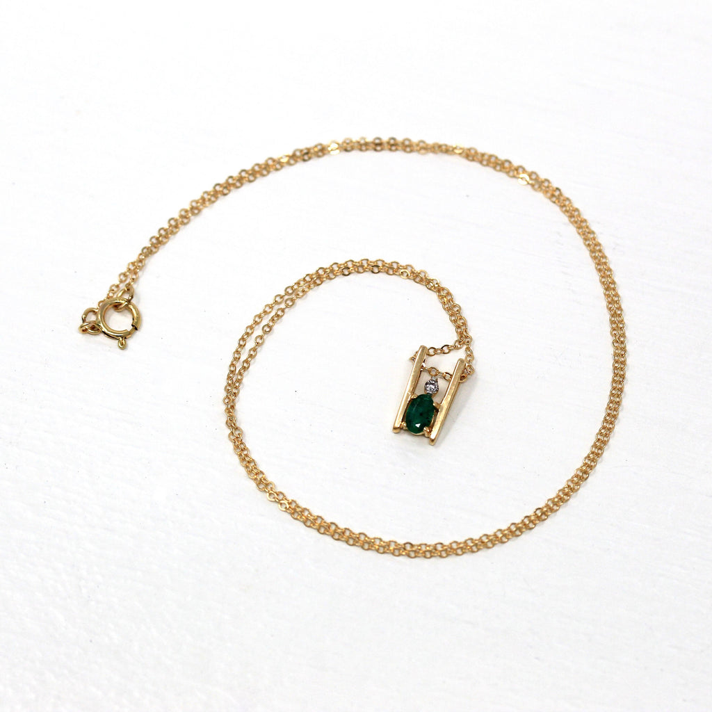 Genuine Emerald Charm - Modern 14k Yellow Gold .01 CT Diamond Gem Pendant Necklace - Estate Circa 2000s Era Dainty Slide Style Fine Jewelry