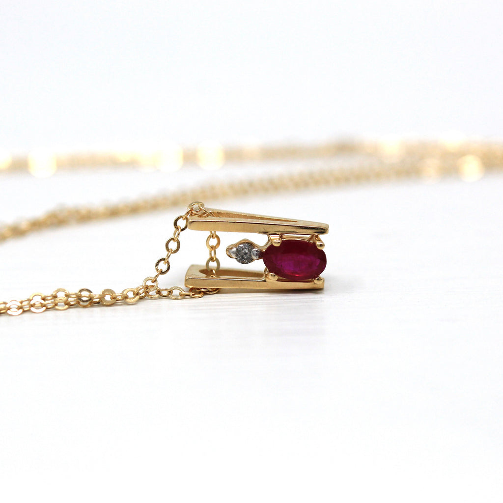 Created Ruby Charm - Modern 14k Yellow Gold .01 CT Diamond Gem Pendant Necklace - Estate Circa 2000's Era Dainty Slide Style Fine Jewelry