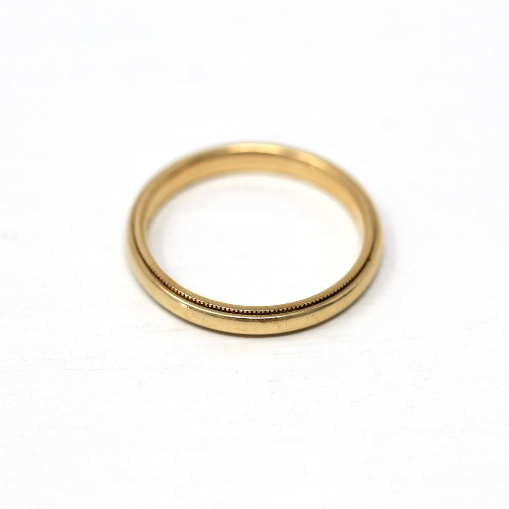 Vintage Wedding Band - Retro Era 14k Yellow Gold Plain Milgrain Detail Ring - Circa 1940s Size 4.75 Minimalist Bridal Bristol Fine Jewelry