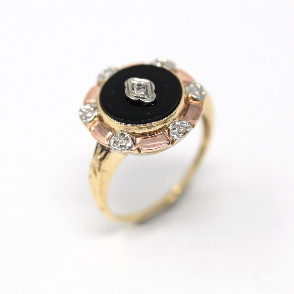 Genuine Onyx Ring - Retro Era 10k Yellow Gold Statement Black Gemstone Flower Design - Vintage Circa 1940s Era Size 5.5 Fine Bezel Jewelry