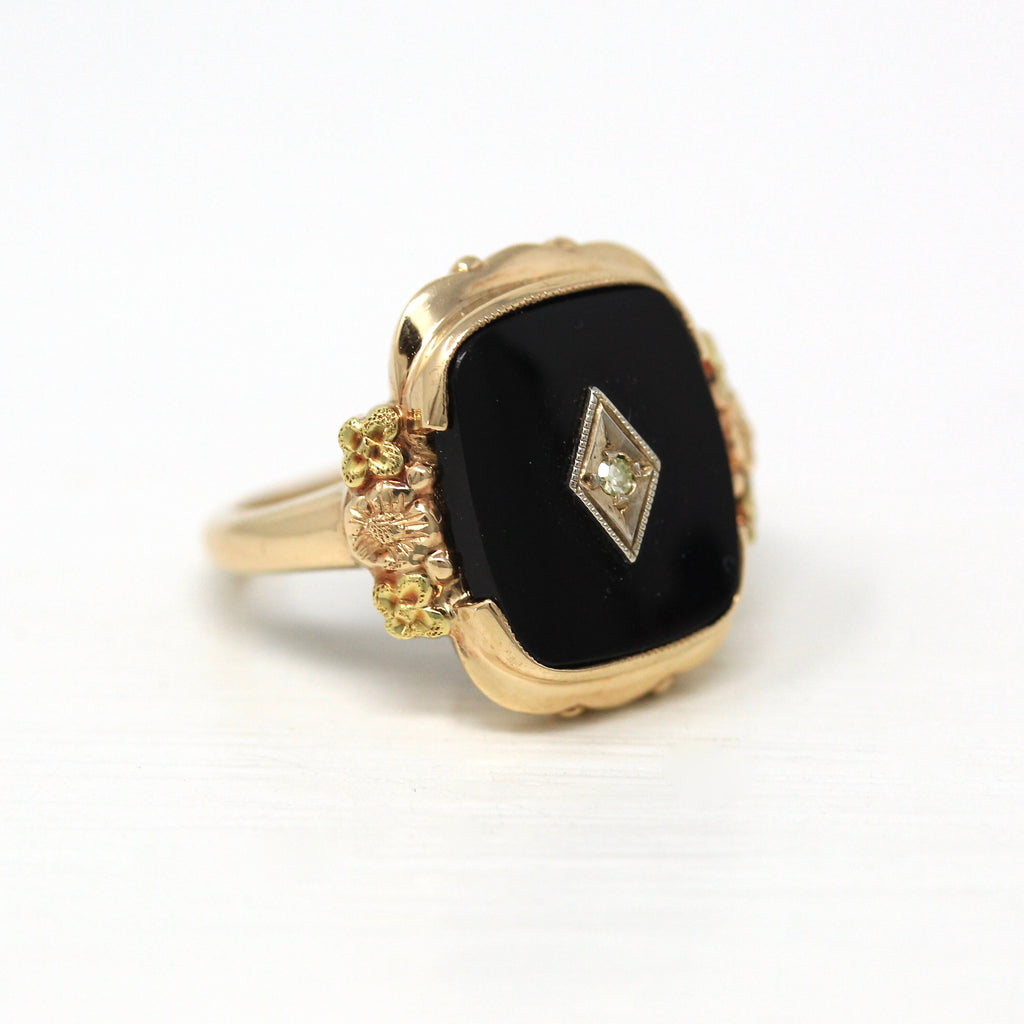 Vintage Onyx Ring - Retro 10k Yellow Gold Black Gemstone Statement - Vintage Circa 1940s Era Size 5.5 Diamond Cocktail Flower Fine Jewelry