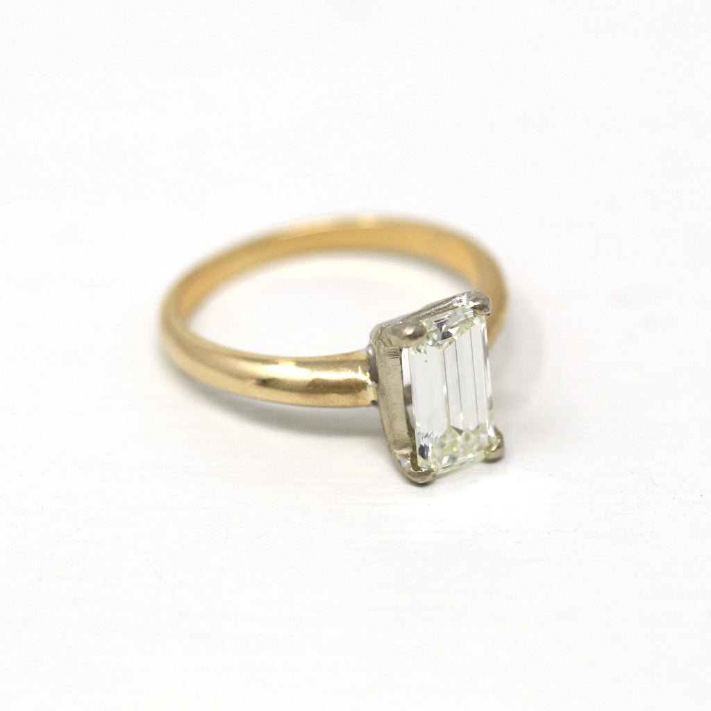Diamond Engagement Ring - 14k Yellow & White Gold Genuine 1.05 CT Emerald Cut Gem - Circa 1990s Era Solitaire Style Fine GIA Report Jewelry