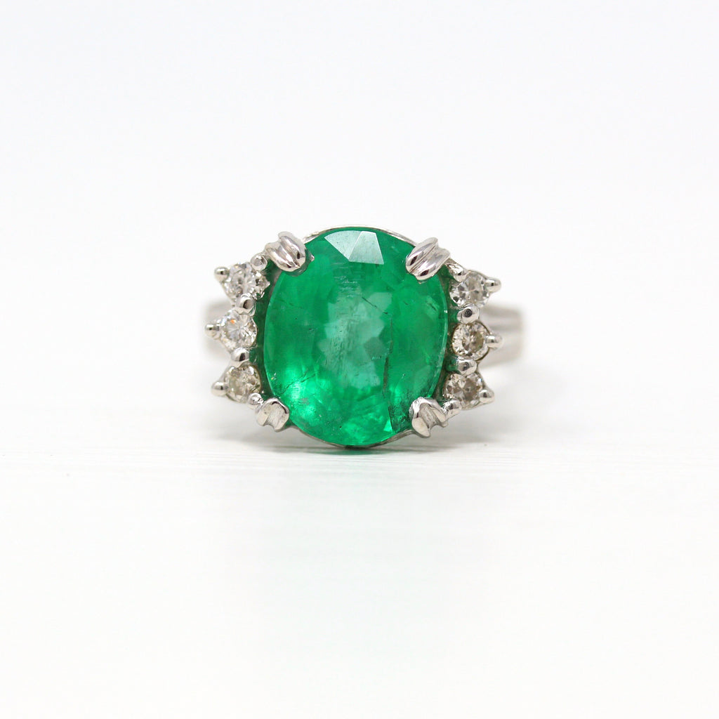 Emerald Cocktail Ring - Vintage 14k White Gold Genuine 6.4 CT Genuine Green Gemstone - Circa 1990s Statement Diamond Gem Fine Jewelry Report