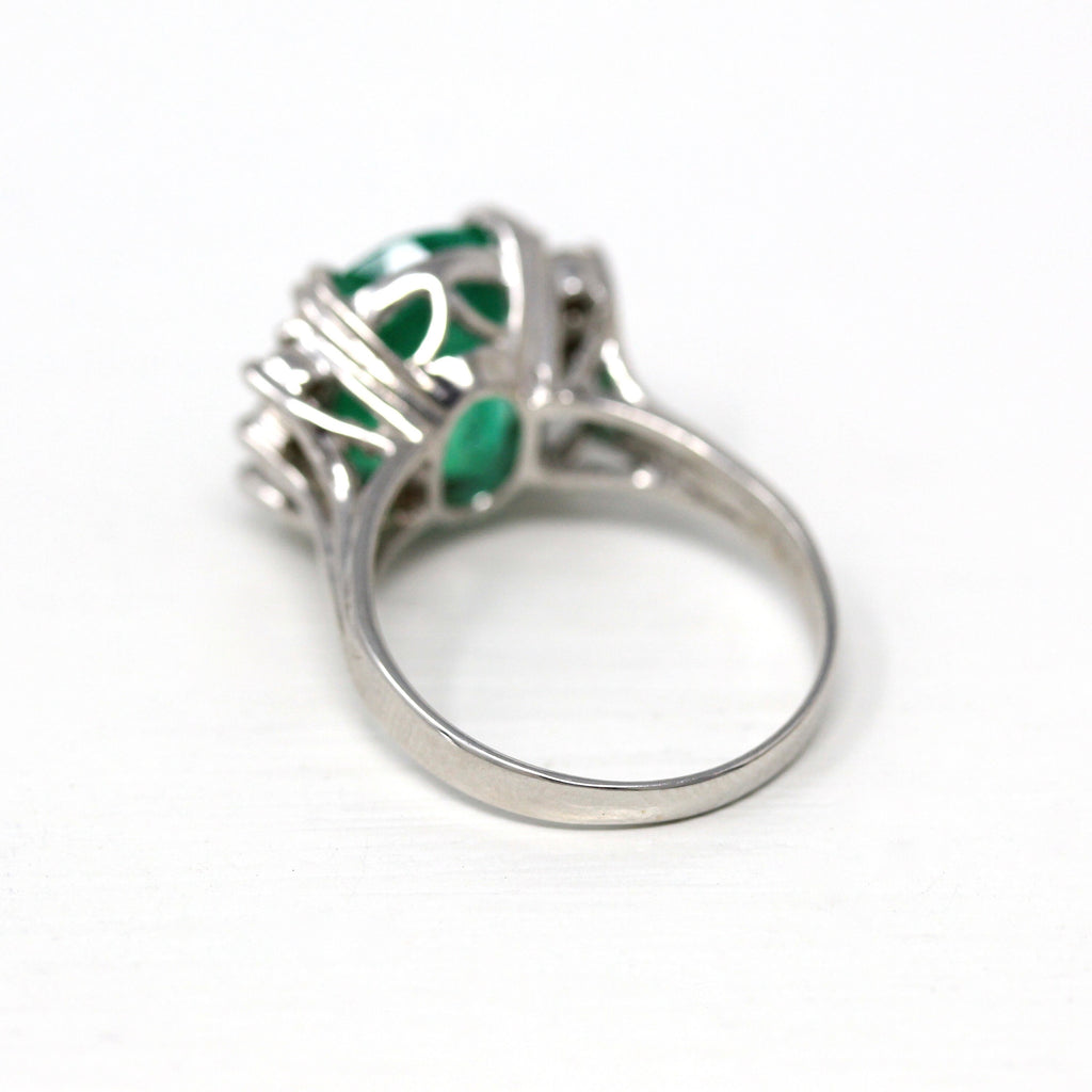 Emerald Cocktail Ring - Vintage 14k White Gold Genuine 6.4 CT Genuine Green Gemstone - Circa 1990s Statement Diamond Gem Fine Jewelry Report