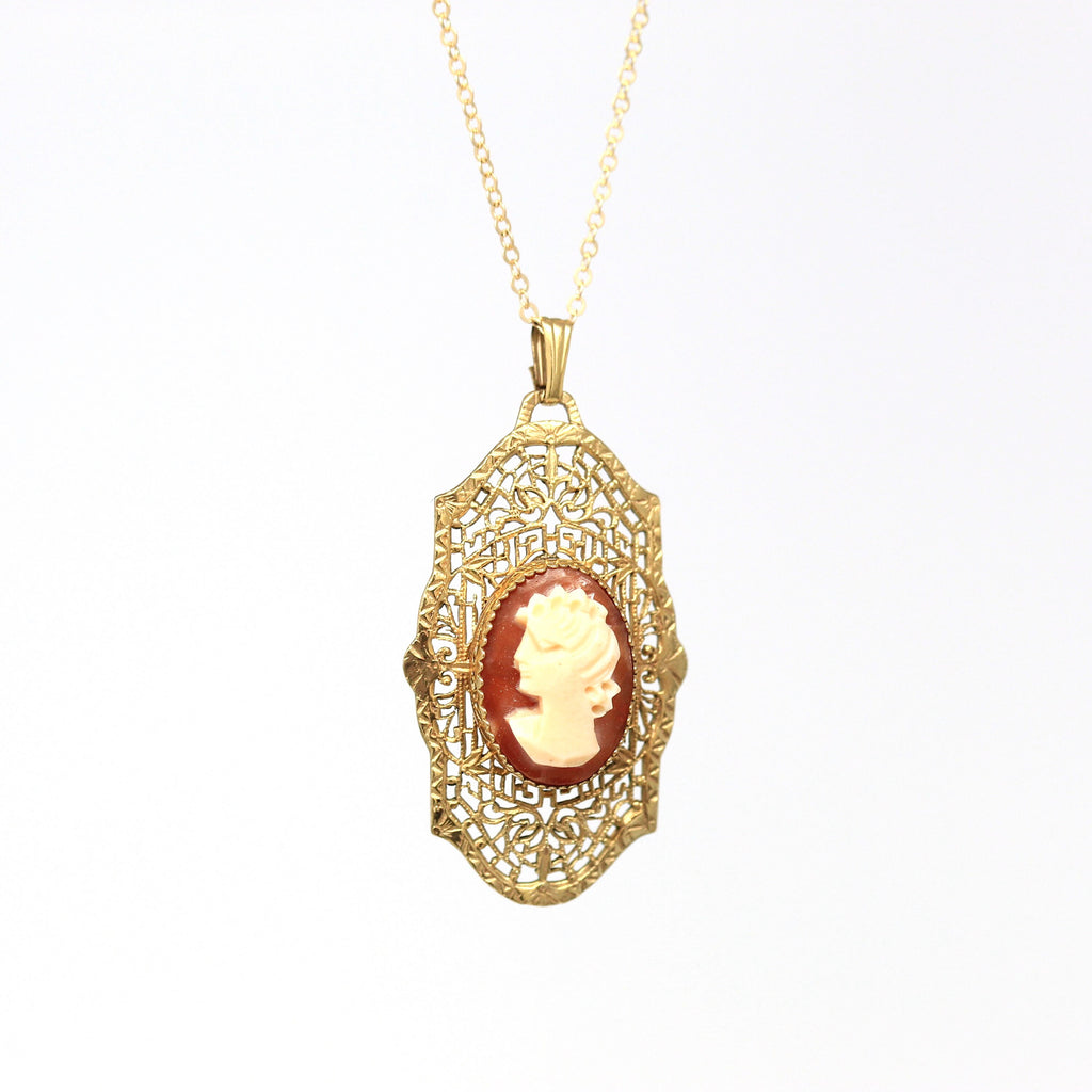 Vintage Cameo Pendant - Art Deco 12k Gold Filled Carved Shell Necklace - Circa Late 1930s Era Statement Fashion Accessory Filigree Jewelry
