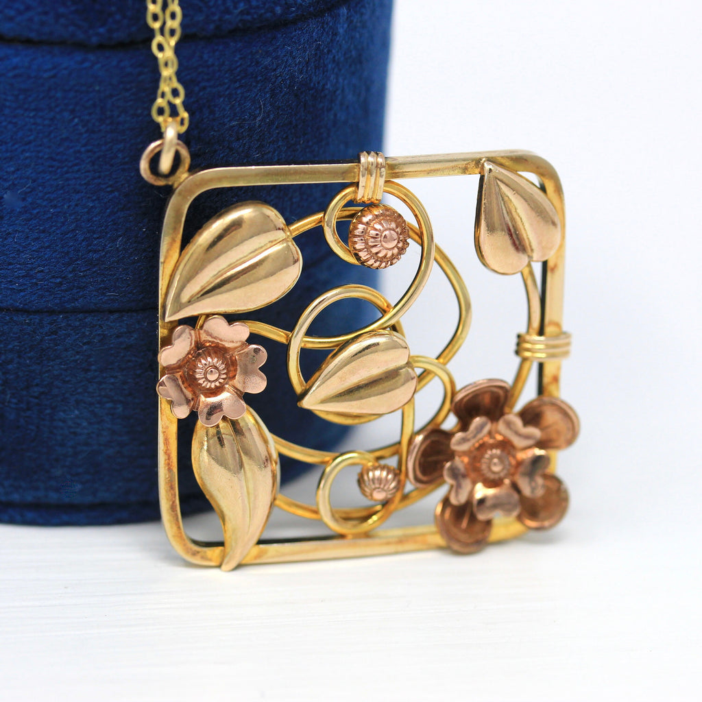 Vintage Flower Pendant - Retro 10k Two Tone Rose & Yellow Gold Filled Necklace - Circa 1940s Era Statement Square Fashion Accessory Jewelry