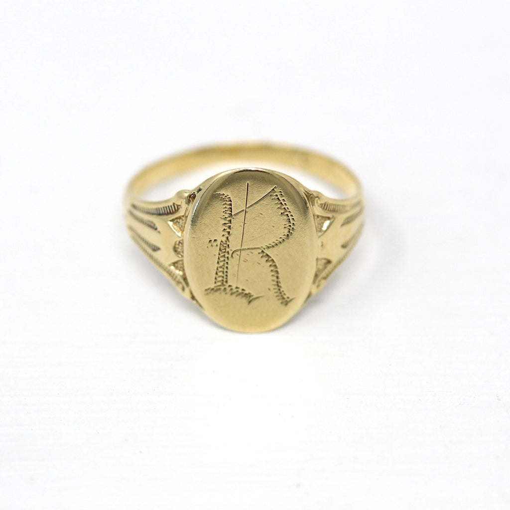 Antique Signet Ring - Edwardian 10k Yellow Gold Monogrammed Letter R - Vintage Circa 1910s Size 7 1/4 Ostby & Barton Initial Fine Jewelry