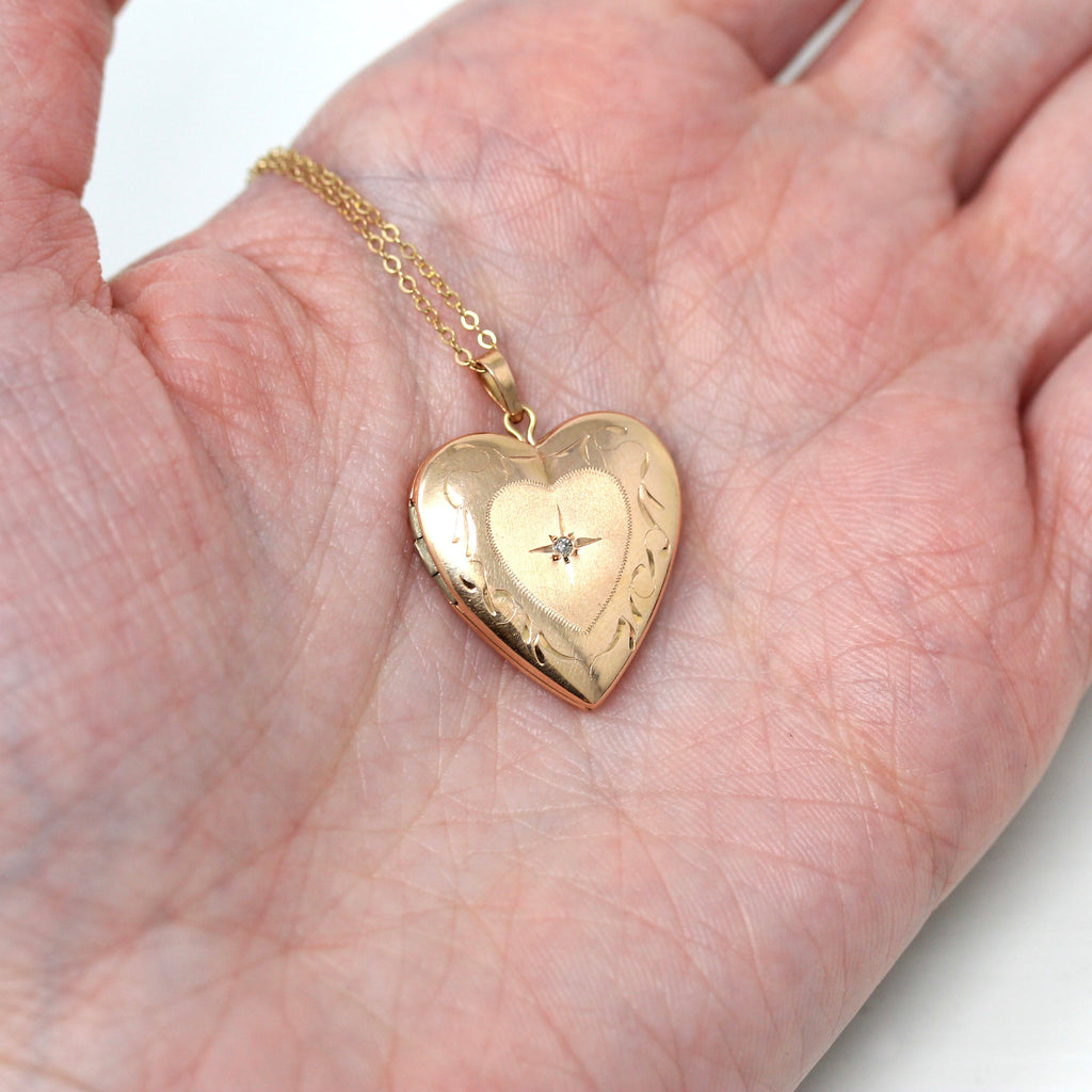Modern Heart Locket - Estate 14k Rose Gold Genuine Diamond Necklace Pendant - Circa 2000's Era Photograph Keepsake Fine Celestial Jewelry