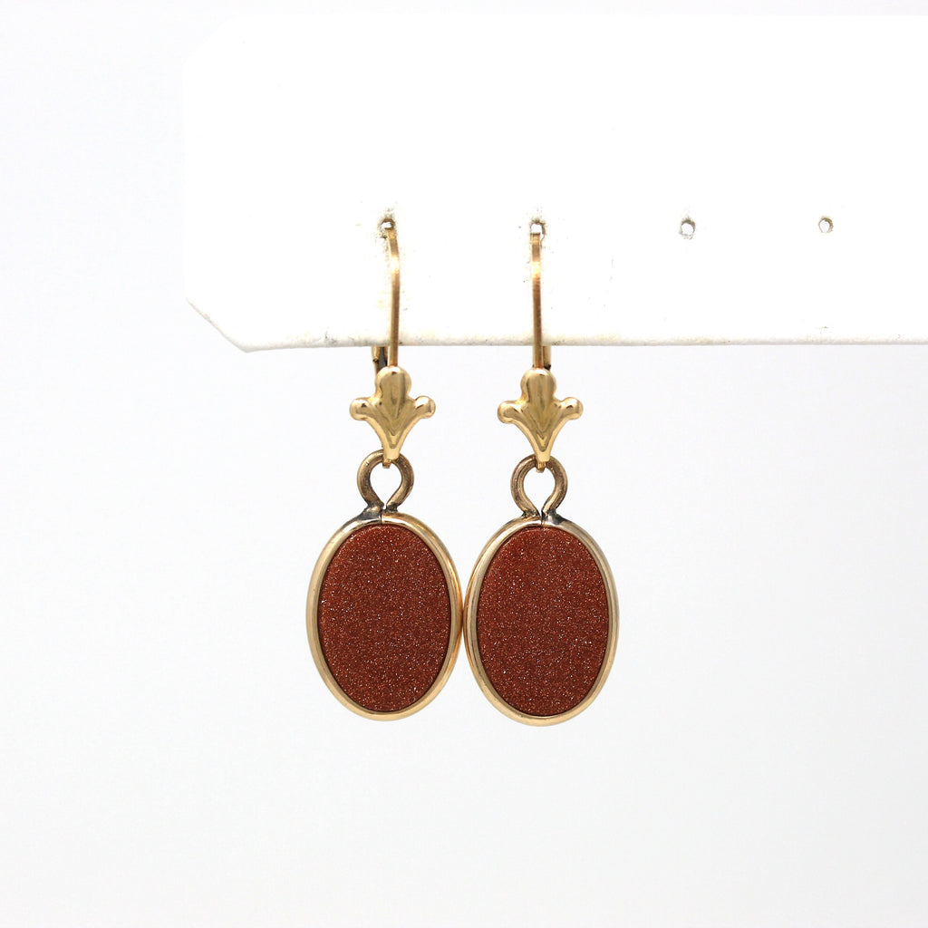 Vintage Goldstone Earrings - Retro 14k Gold Filled Carved Glittery Copper Brown Glass - Circa 1960s Oval Drops Pierced Lever Drops Jewelry