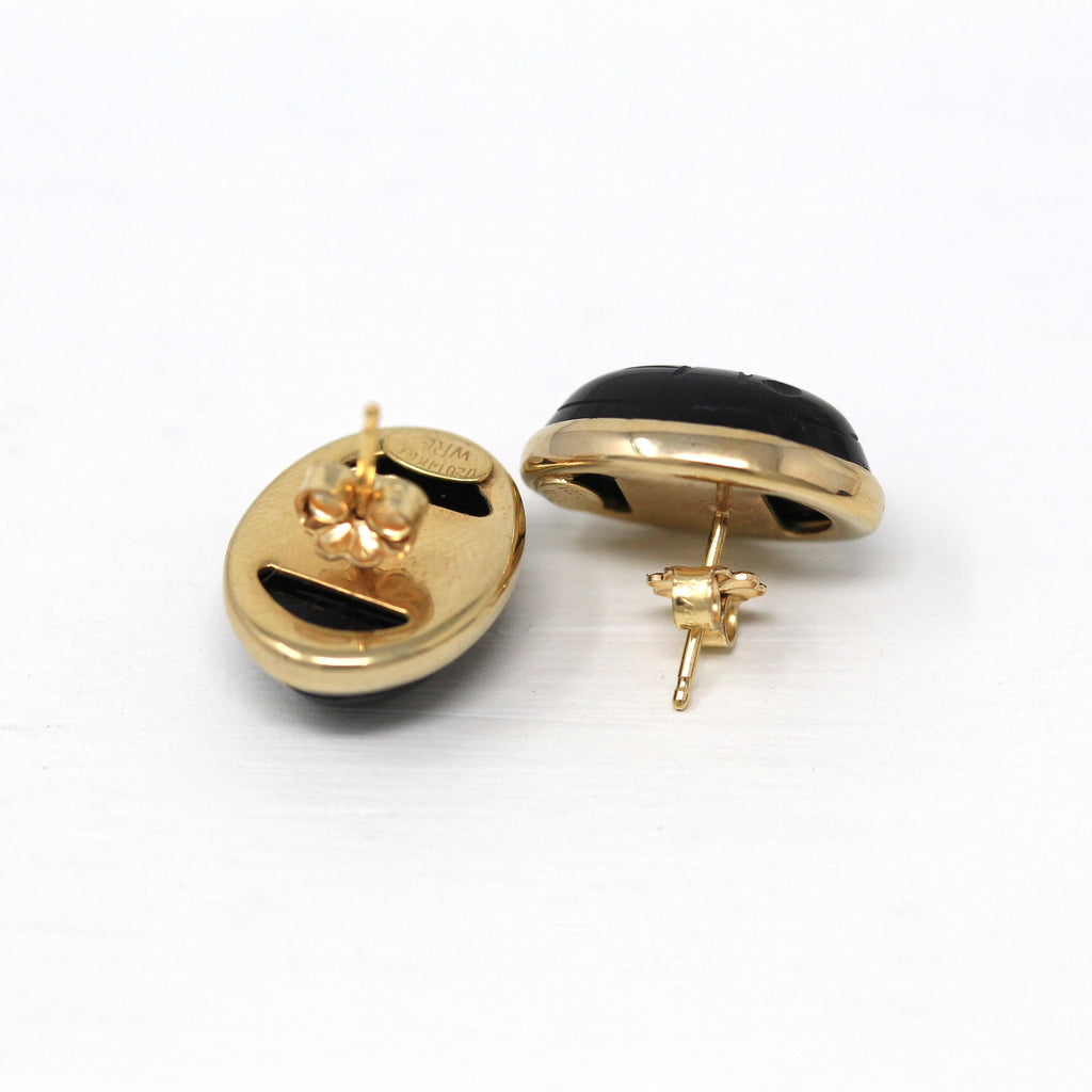 Vintage Scarab Earrings - Retro 14k Gold Filled Carved Genuine Black Onyx Gemstones - Circa 1960s Era Egyptian Revival Style Beetle Jewelry