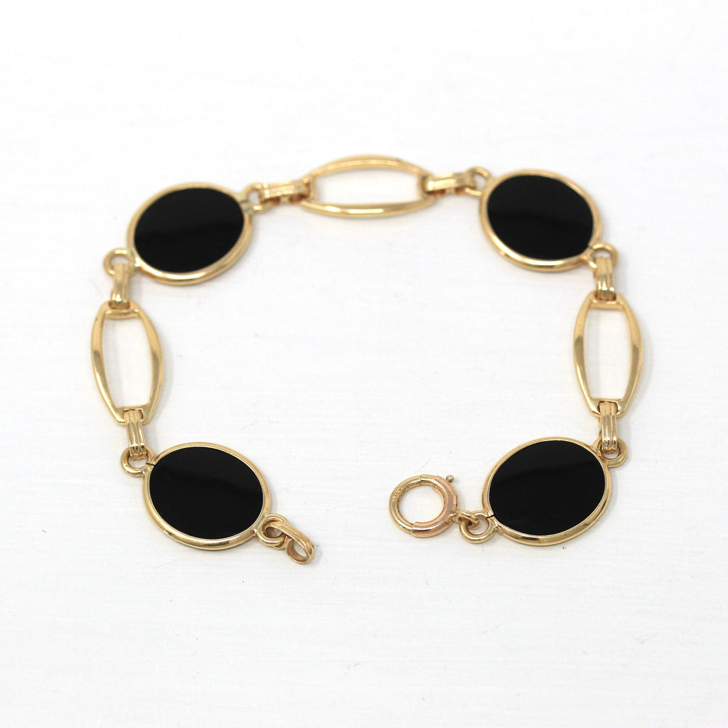 Vintage Onyx Bracelet - Retro 10k Yellow Gold Genuine Oval Black Gemstones Panel - Circa 1940s Era 6 3/4 Inches Statement 40s Fine Jewelry