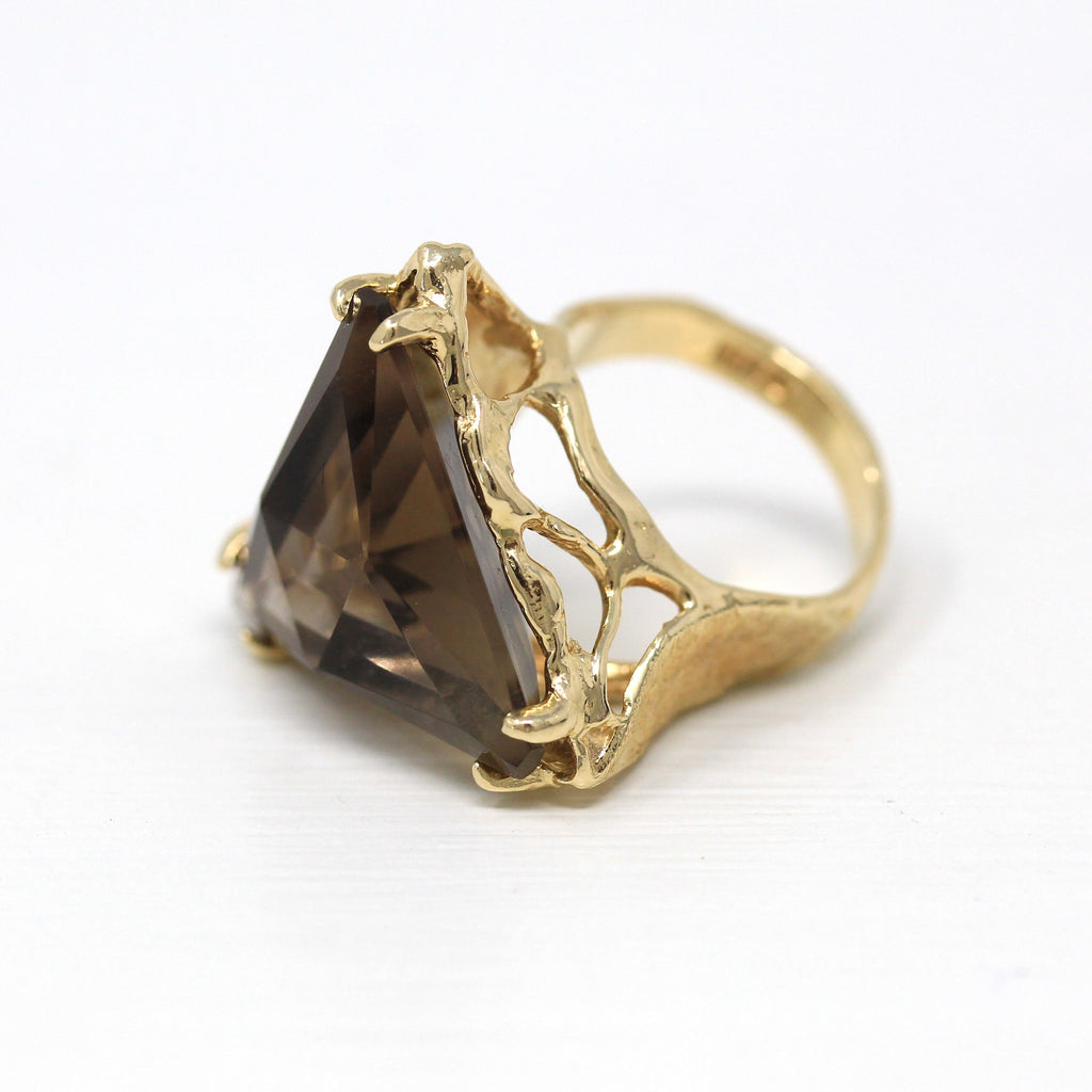 Smoky Quartz Ring - Retro 1970s 14k Yellow Gold Trilliant Cut Faceted 15.39 CT Brown Gem - Vintage Size 6 1/2 Statement 70s Fine Jewelry