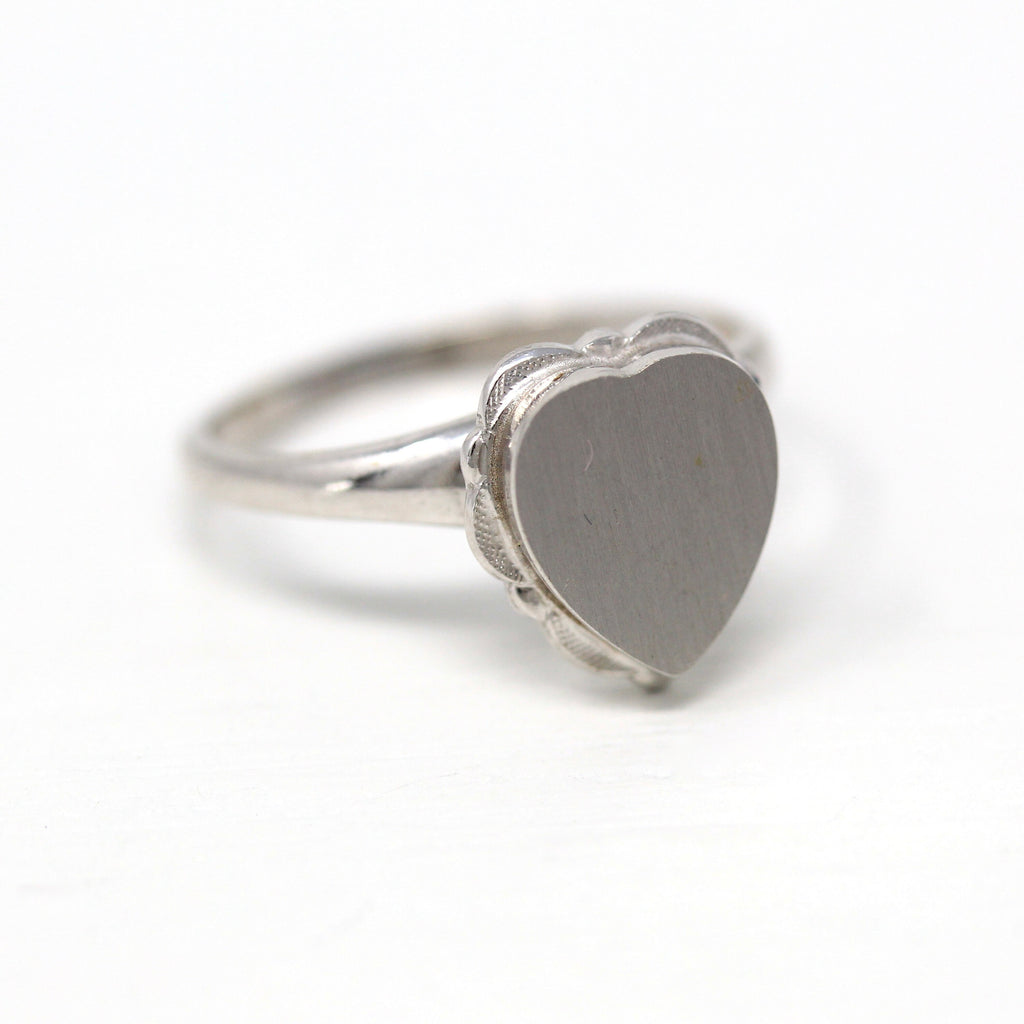 Blank Signet Ring - Retro 10k White Gold Heart Personalize Engrave Initials - Vintage Circa 1960s Era Size 7 Letters PSCO Fine 60s Jewelry