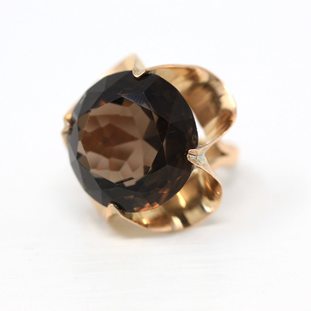 Smoky Quartz Ring - Retro Style 10k Yellow Gold Round Faceted 22.90 CT Brown Gem - Vintage Circa 1960s Size 7 3/4 Statement Fine Jewelry