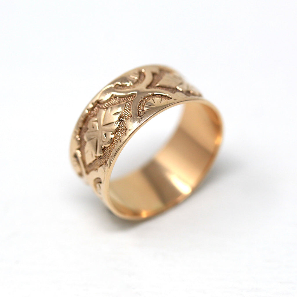 Antique Cigar Band - Victorian 10k Rose Gold Nature Leaf Inspired Designs Thumb Ring - Vintage Circa 1890s Era Size 5 Fine "X" Jewelry