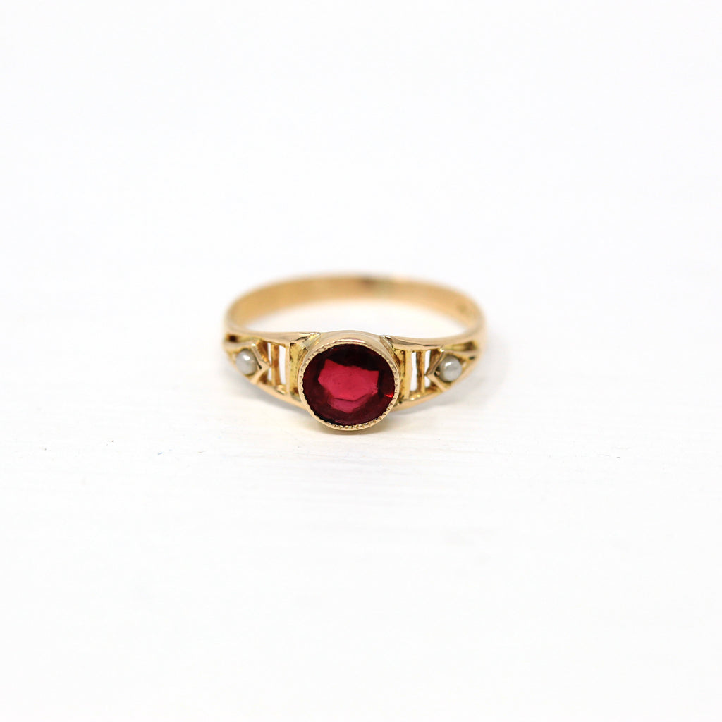 Antique Baby Ring - Edwardian 10k Rose Gold Round Faceted Simulated Ruby Red Glass - Circa 1910s Era Size 1 Midi Seed Pearls Fine Jewelry