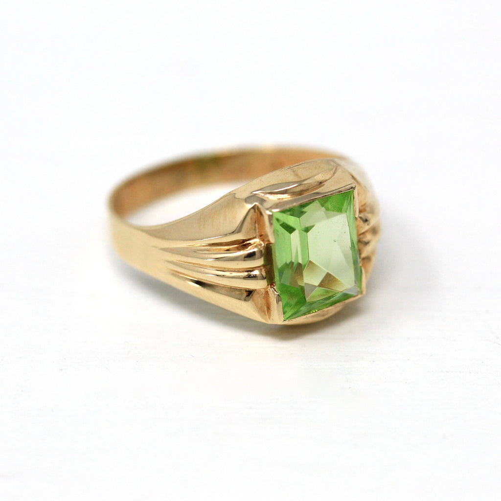 Uranium Glass Ring - Retro Era 10k Yellow Gold Signet Green Stone Band - Vintage Circa 1940s Era Size 6 Fluorescent Green Vaseline Jewelry