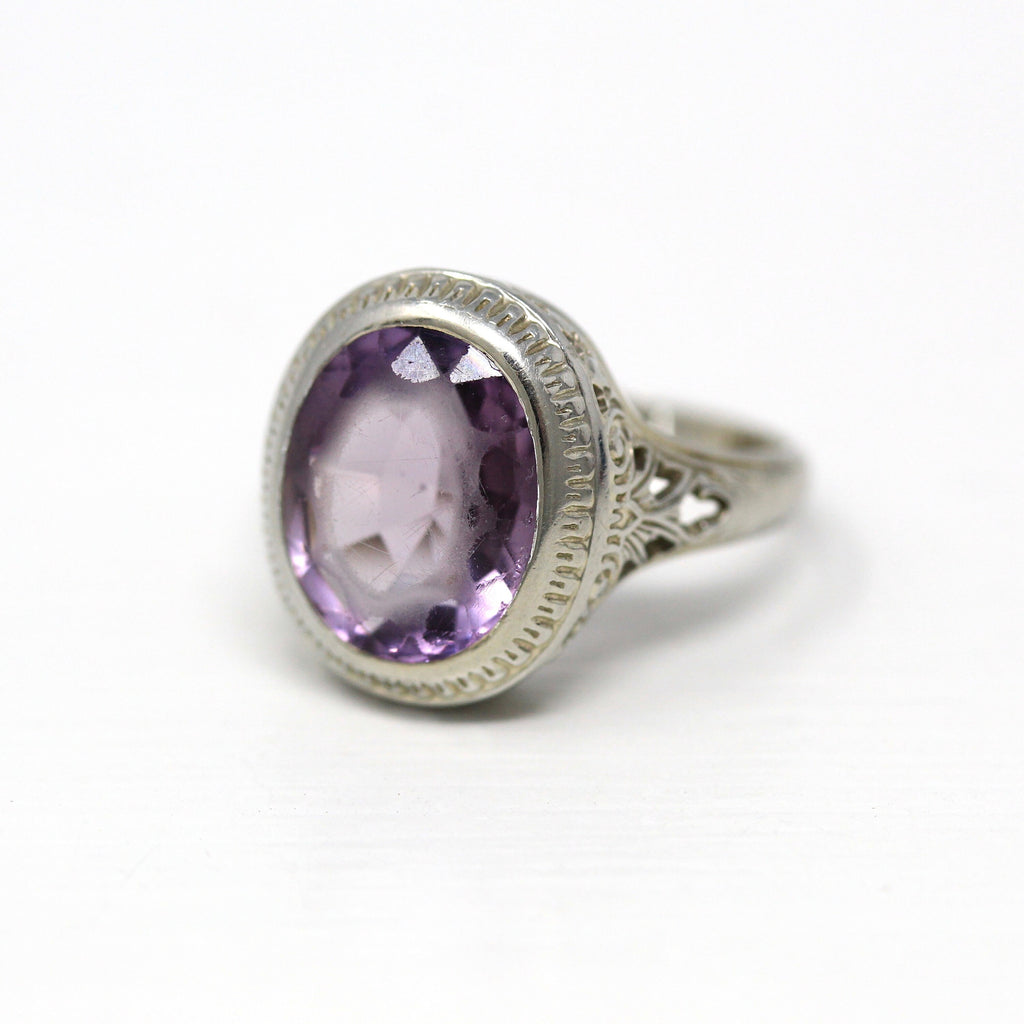 Amethyst Filigree Ring - Art Deco Era 18k White Gold Genuine 3.61 CT Purple Oval Gem - 1930s Size 5 1/2 Statement February Fine Jewelry