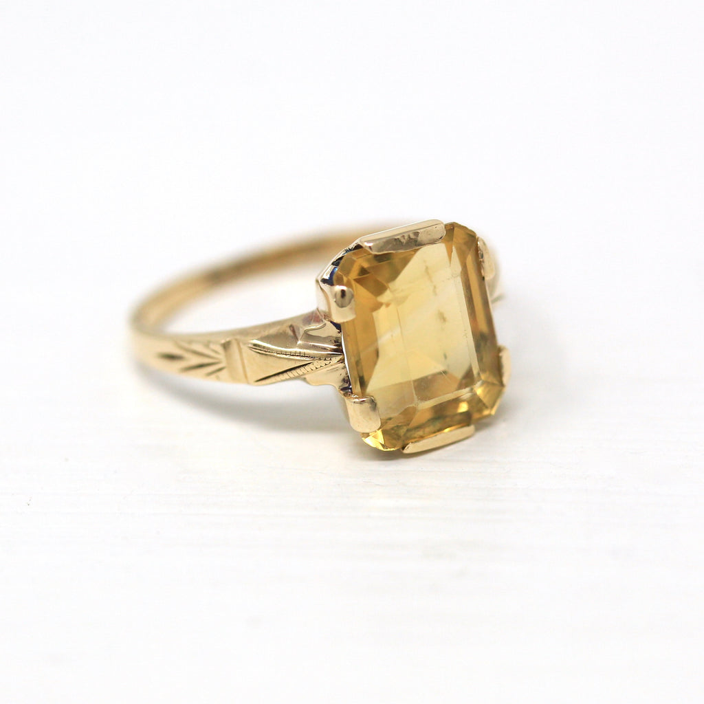 Genuine Citrine Ring - Retro 10k Yellow Gold Rectangular Faceted 2.92 CT Gem - Vintage Circa 1940s Size 6 Cocktail Fine Jewelry