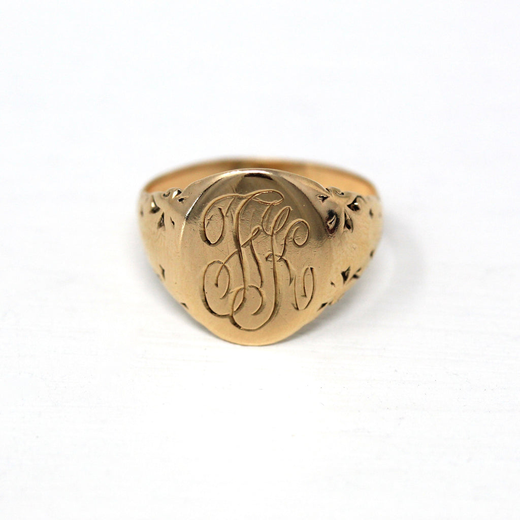 Letters 'FK' Ring - Edwardian Era 10k Yellow Gold Engraved Monogrammed Script Font - Antique Circa 1910s Era Size 6.75 Fine Initial Jewelry