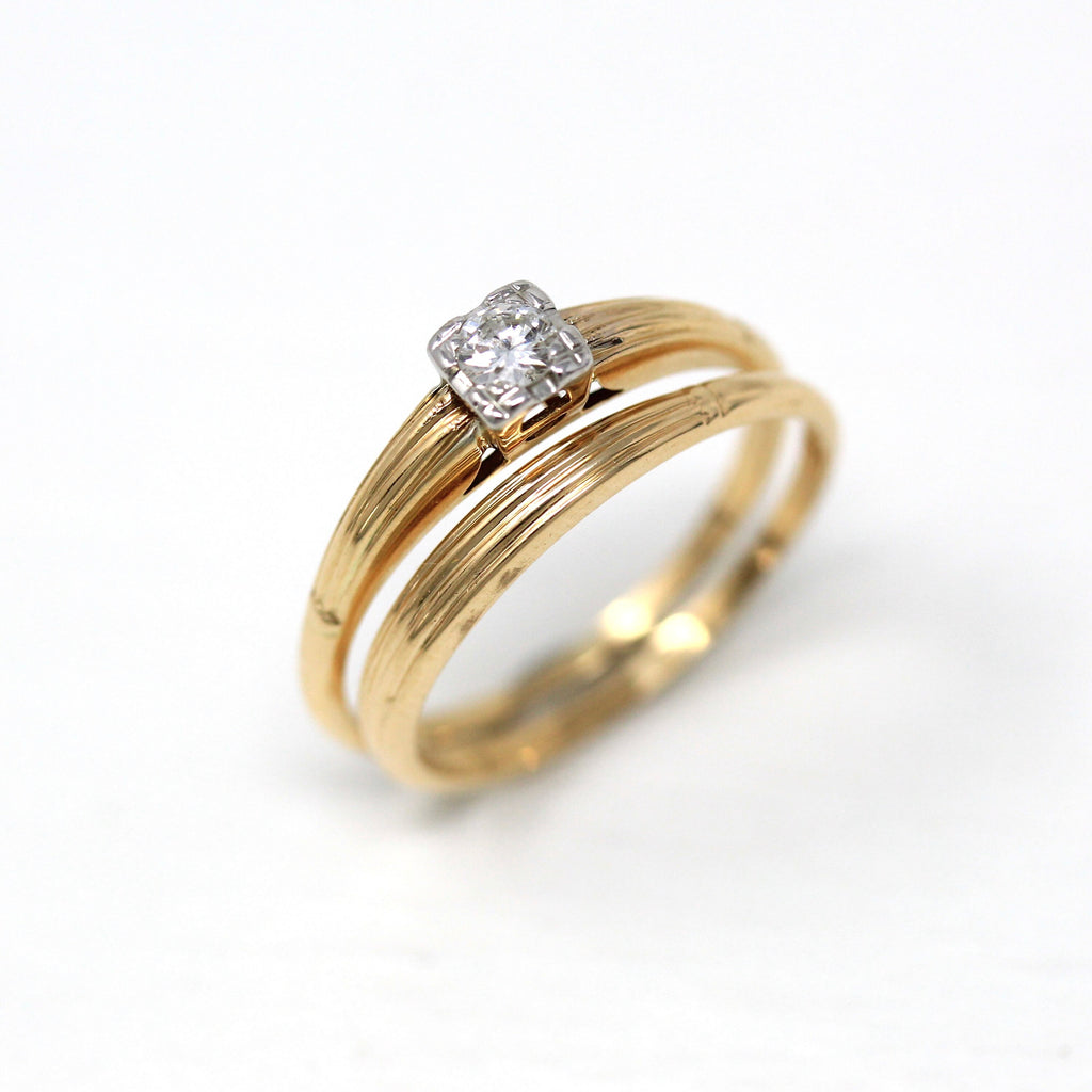 Diamond Ring Set - Retro Era 14k Yellow & White Gold Matching Engagement Wedding Band - Circa 1940s Size 6.25 Solitaire Style Fine Jewelry
