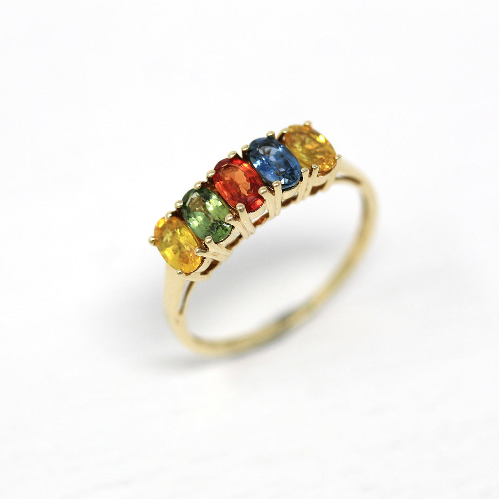 Genuine Sapphire Ring - Modern 10k Yellow Gold Oval Faceted Rainbow 1.50 CTW Five Gems - Estate Circa 2000's Era Size 6 3/4 Fine Y2K Jewelry