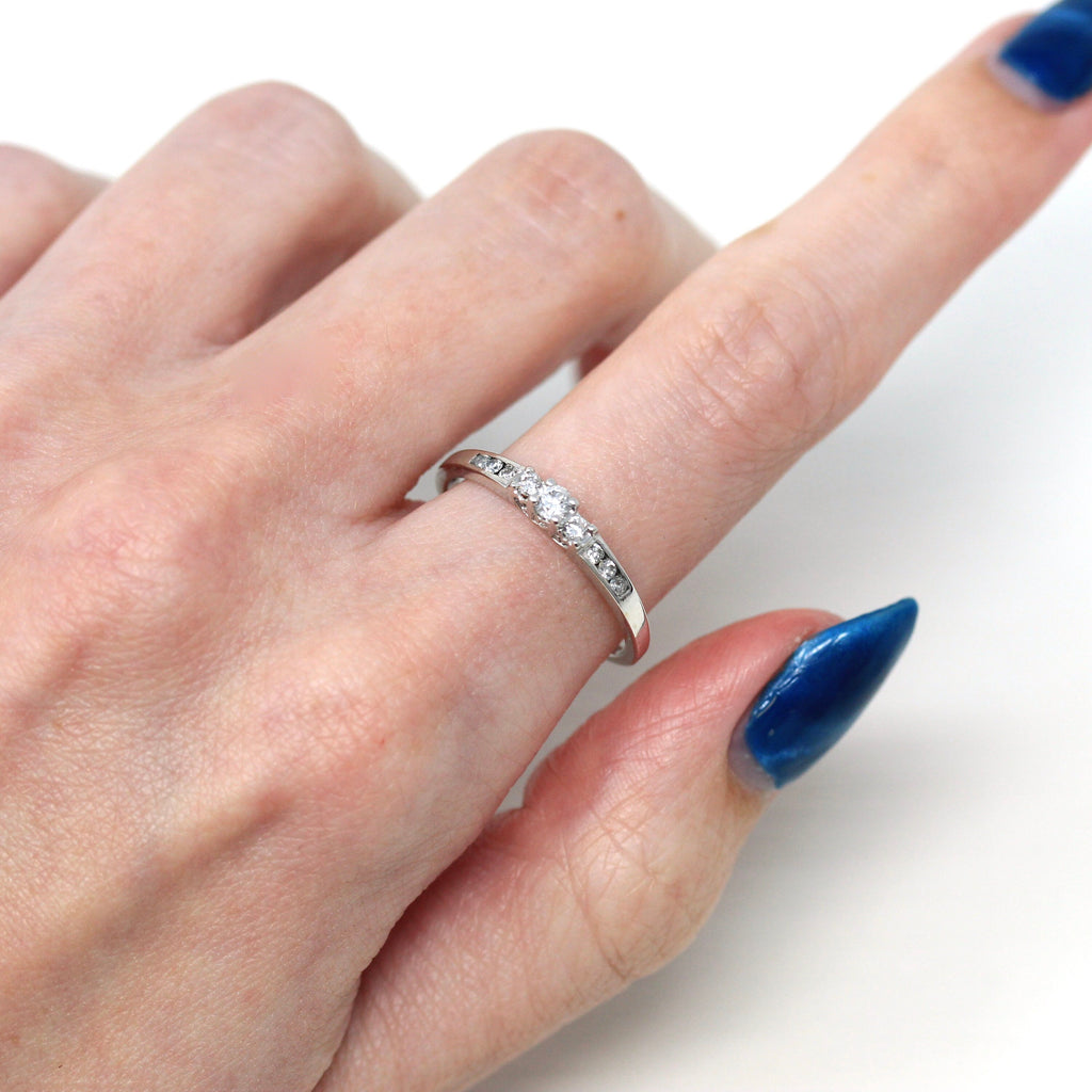 Genuine Diamond Ring - Modern 14k White Gold Emerald Cut 0.19 CTW Gemstones - Estate Y2K Circa 2000's Size 8.75 Engagement Solitaire Jewelry
