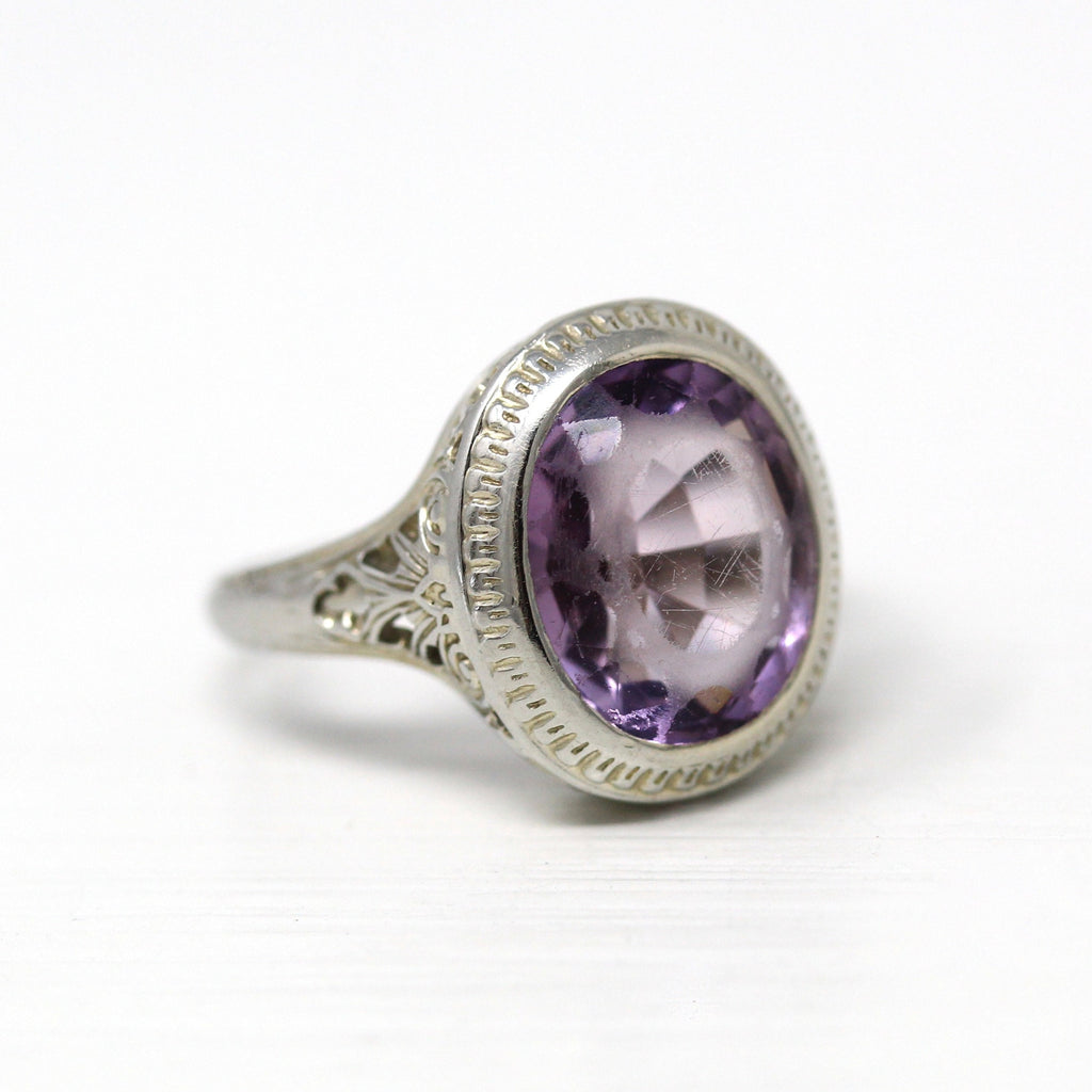 Amethyst Filigree Ring - Art Deco Era 18k White Gold Genuine 3.61 CT Purple Oval Gem - 1930s Size 5 1/2 Statement February Fine Jewelry
