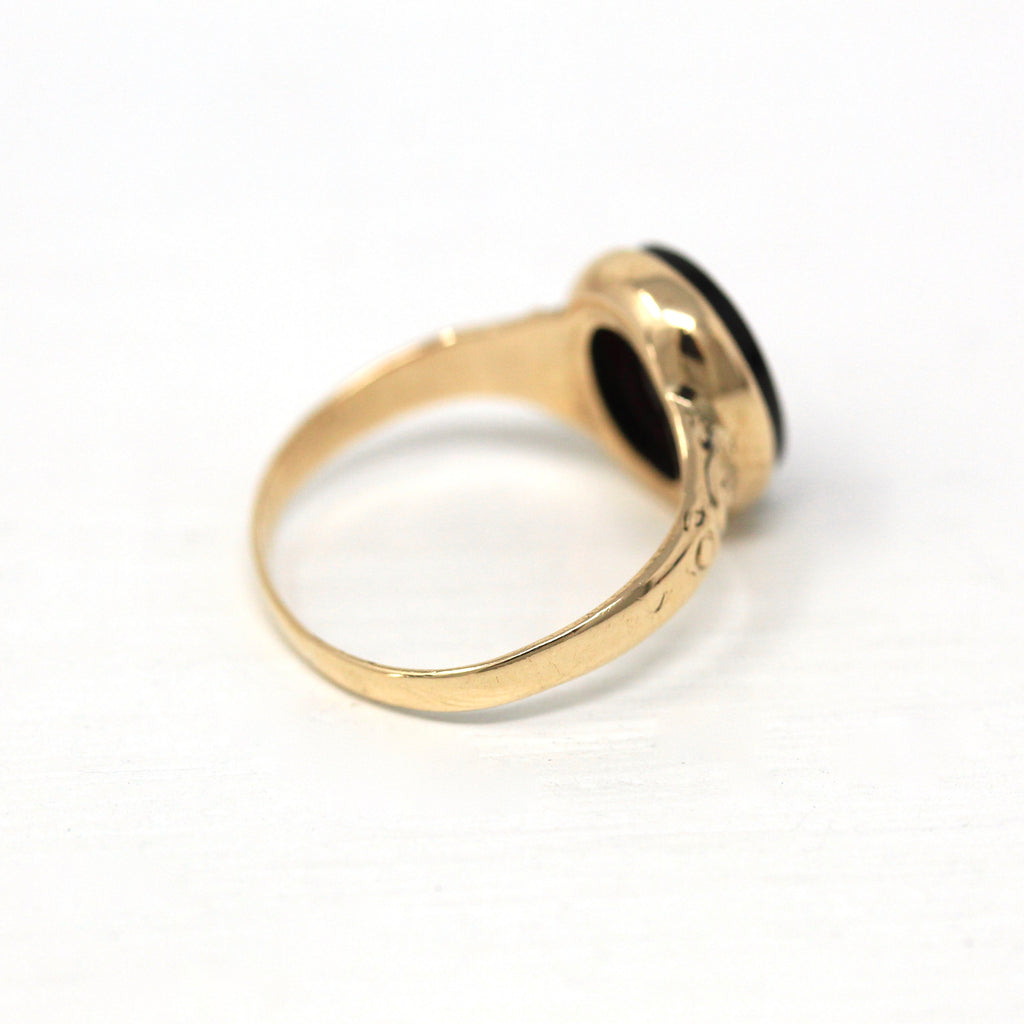 Antique Intaglio Ring - Edwardian 10k Yellow Gold Carved Genuine Sard Gemstone - Circa 1900s Era Size 3 1/2 Warrior Mythology Fine Jewelry