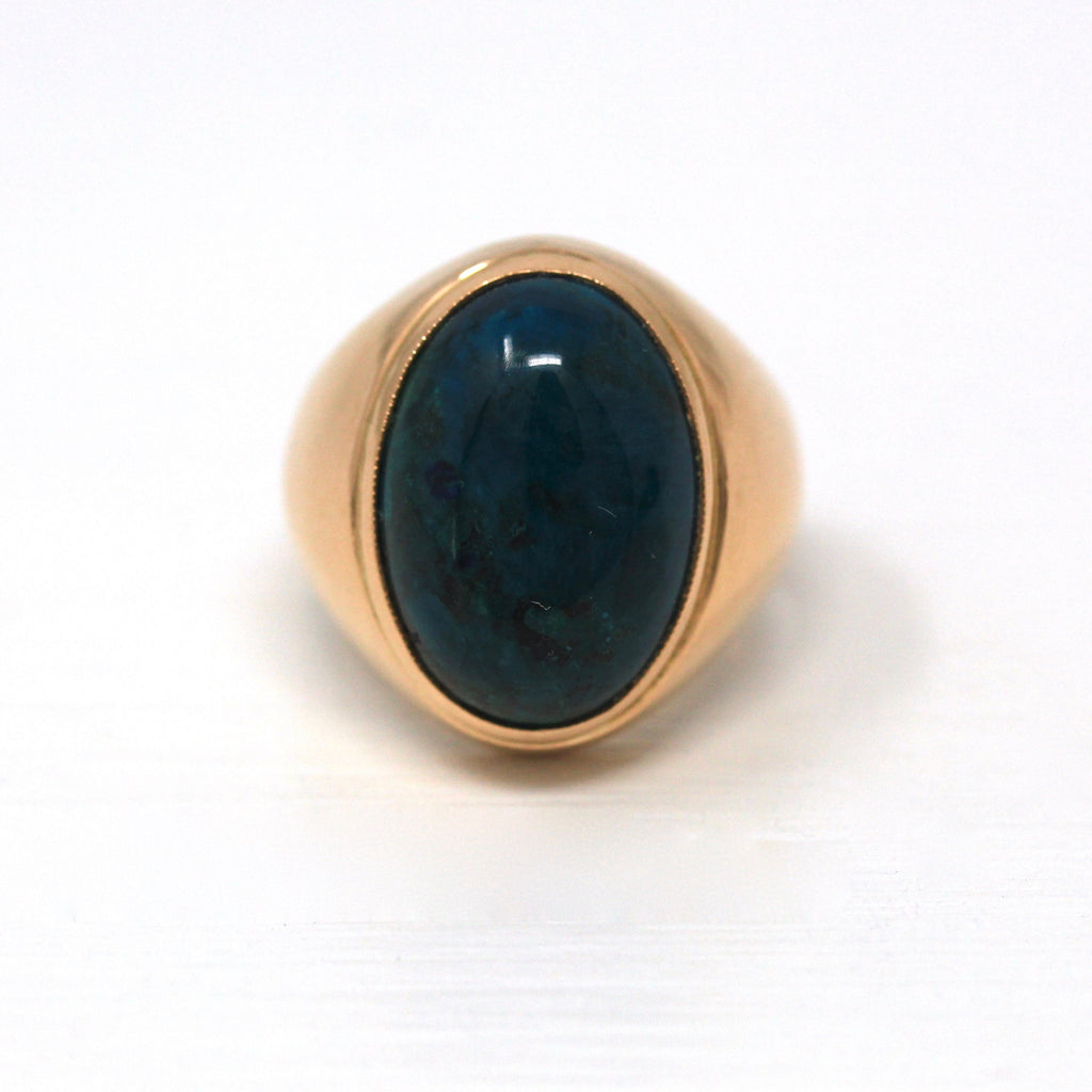 Genuine Pectolite Ring - Retro 14k Retro Gold Oval Greenish Blue Gemstone - Vintage Circa 1970s Era Size 7 3/4 Statement Fine 70s Jewelry