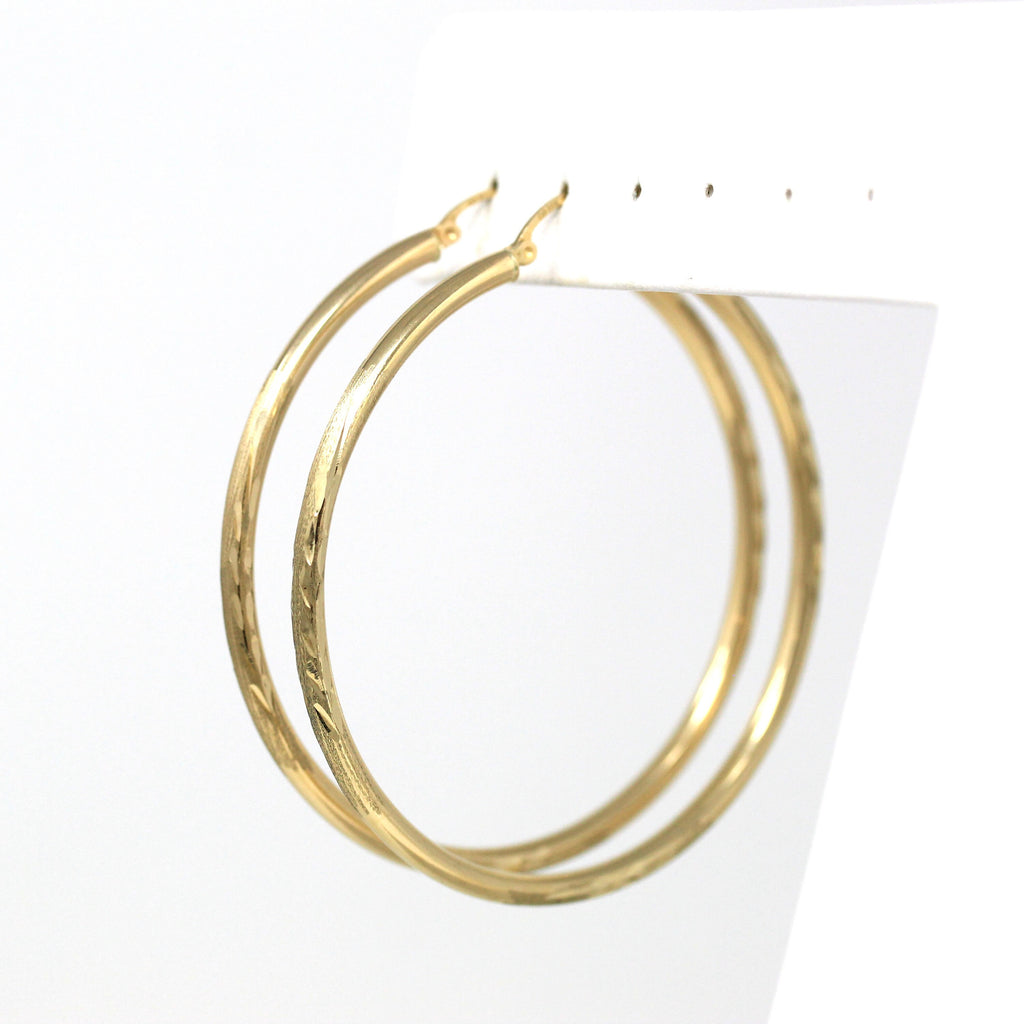 Estate Hoop Earrings - Modern 14k Yellow Gold Hollow Statement Circle Latch Back Pair - Vintage Circa 1990s Era Fashion Accessories Jewelry