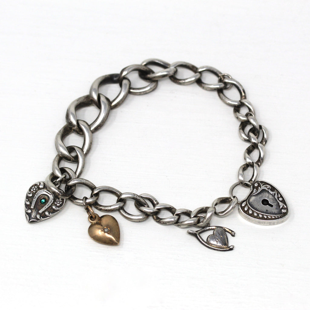 Antique Padlock Bracelet - Edwardian Sterling Silver Heart Charm Key Hole - Vintage Circa 1910s Era Repousse Design Curb Link Chain Jewelry